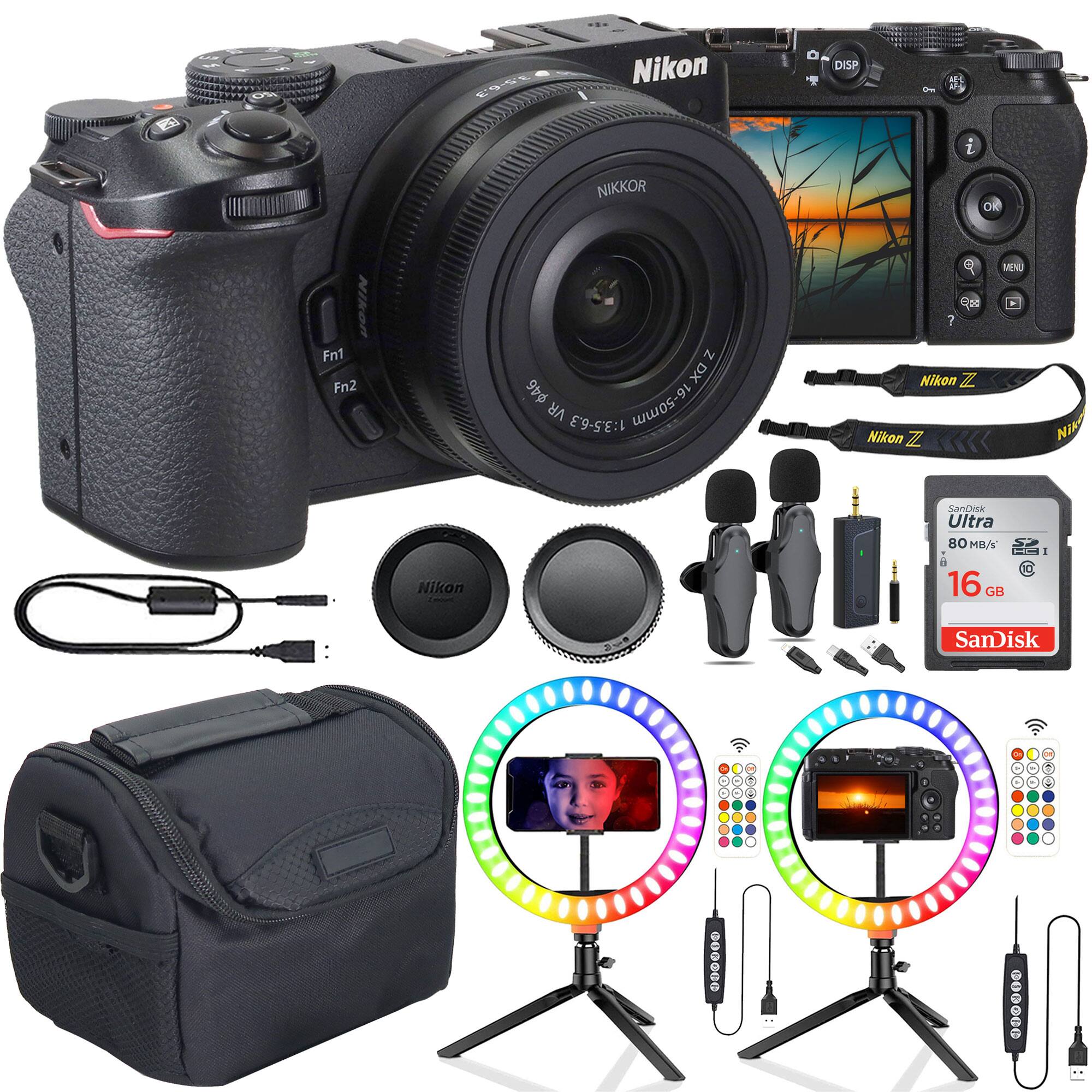 Nikon Z50 with 16-50mm VR Lens  
Nikon Z Mount  
Nikon Fn1, Fn2  
Nikon DISP  
Nikon NIKKOR  
Nikon E58  
Nikon Z  
SanDisk Ultra 16GB 80MB/s SD Card  
Nikon Z Lens Cap  
Nikon Z Camera Strap  
Nikon Z Camera Bag  
Ring Light with Wireless Remote  
Microphone  
USB Cable  
Battery Charger  
Battery