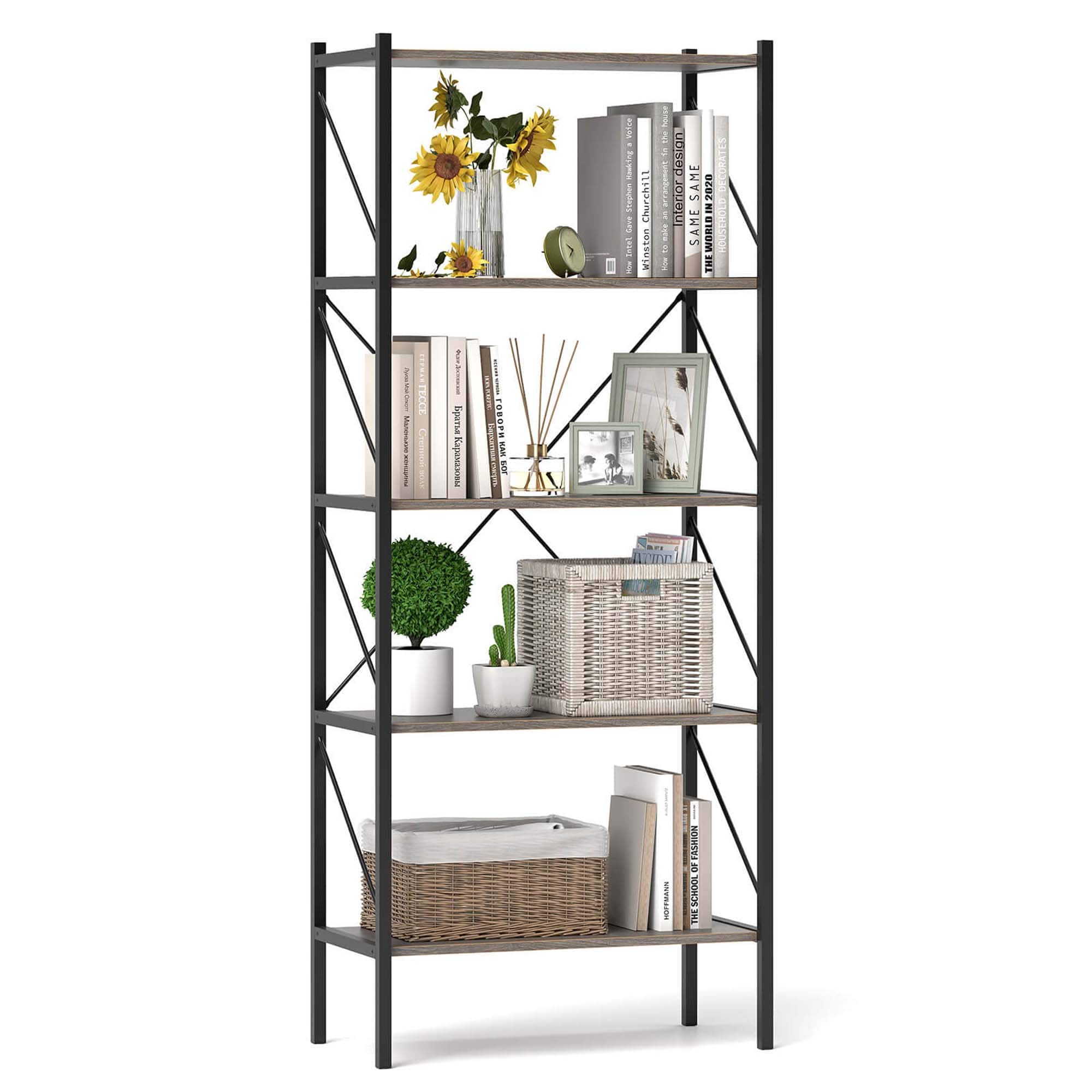 Costway - 1 PCS 5-Tier Bookshelf, Industrial Tall Bookcase with Open Storage Shelves & Metal Frame Oak - Oak & Black