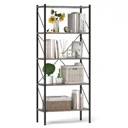 Costway - 1 PCS 5-Tier Bookshelf, Industrial Tall Bookcase with Open Storage Shelves & Metal Frame Oak - Oak & Black