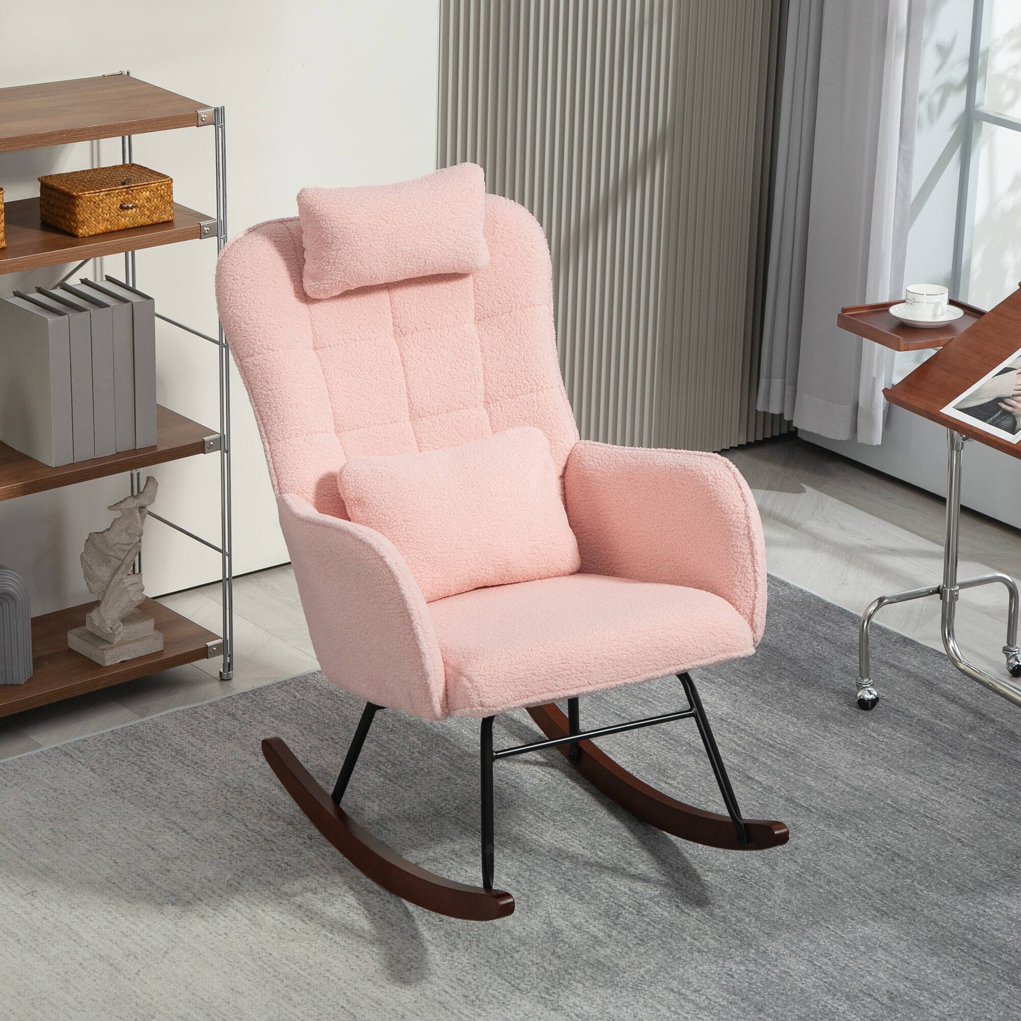 Alt View 1. Homcom - Upholstered Rocking Chair: Headrest & Lumbar Pillow Teddy Fleece High Back Rocker - Pink.