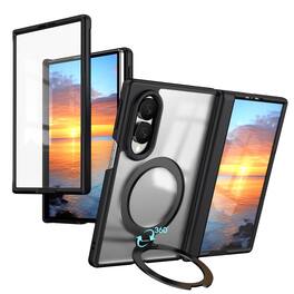 Dteck - For Samsung Galaxy Z Fold8 Magnetic Case Built-in Screen Protector,Shockproof Ring Stand Clear Back Hinge Protect Cover - Black