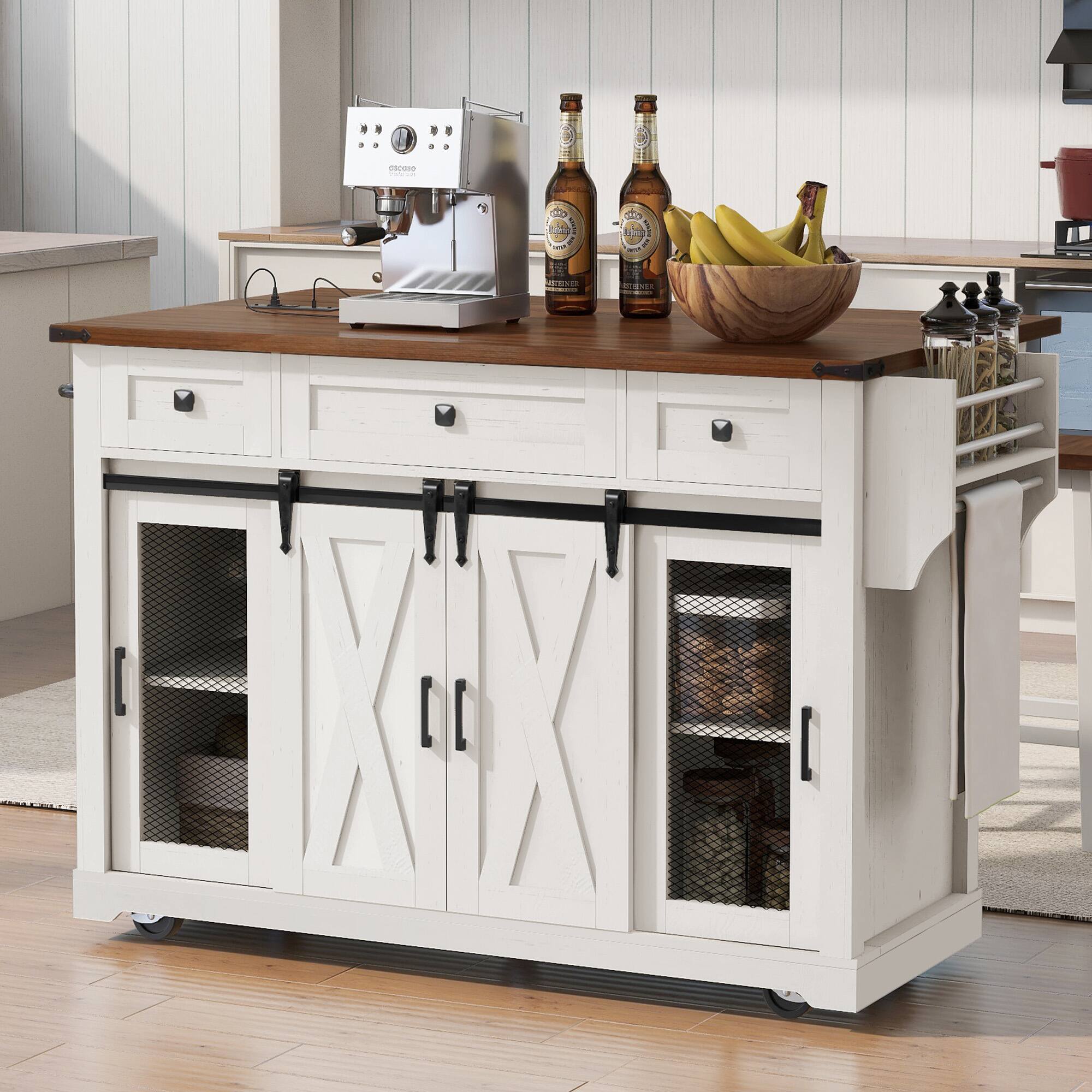 Left. PexFix - 58" Farmhouse Kitchen Island Cart with Sliding Barn Door, Drop Leaf and 5-Wheel Mobility - White.
