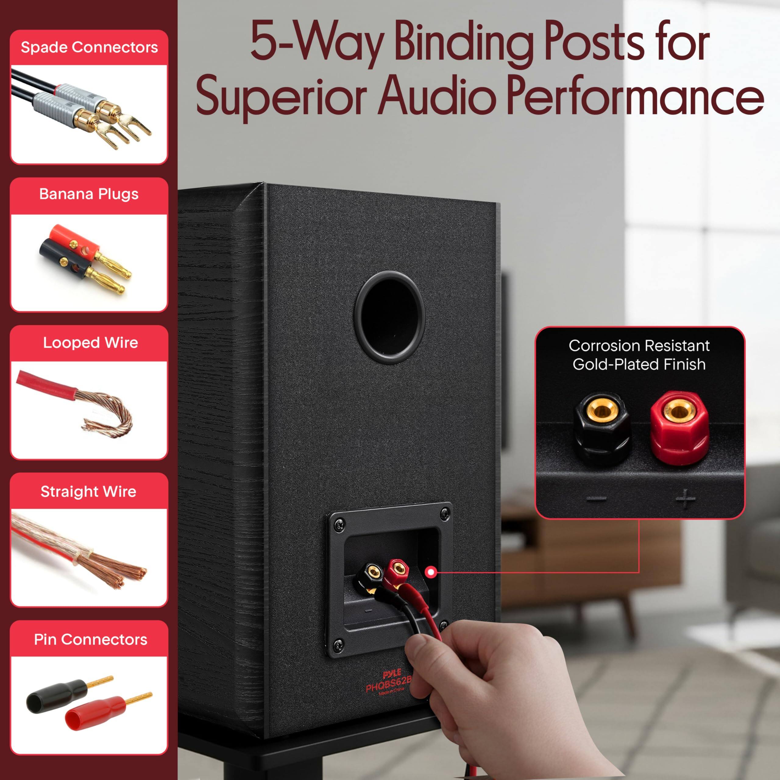 Spade Connectors 5-Way Binding Posts for Superior Audio Performance Banana Plugs Looped Wire Corrosion Resistant Gold-Plated Finish Straight Wire Pin Connectors PYLE PHOB628