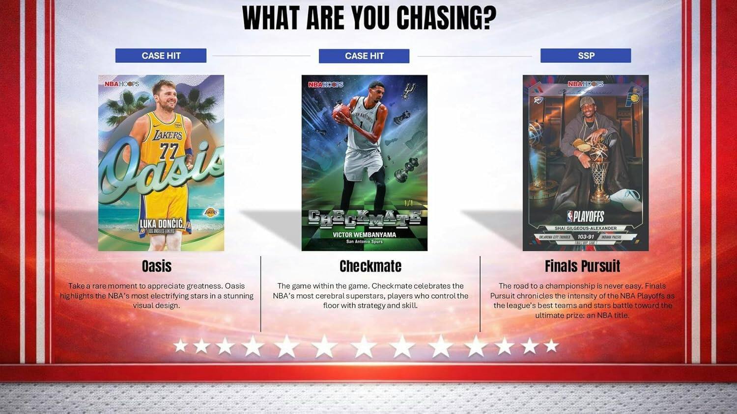 WHAT ARE YOU CHASING?

CASE HIT
CASE HIT
SSP

NBA

77
LAKERS
Casi
LUKA DONCIC

NBA
HC
OOPS

NBA
CCEMATE
VICTOR WEMBANYAMA
San Antonio Spurs

NBA
PLAYOFFS
SHAI GILGEOUS-ALEXANDER
MLR
pIT
THINEA
103-91

Oasis
Take a rare moment to appreciate greatness. Oasis highlights the NBA's most electrifying stars in a stunning visual design.

Checkmate
The game within the game. Checkmate celebrates the NBA's most cerebral superstars, players who control the floor with strategy and skill.

Finals Pursuit
The road to a championship is never easy. Finals Pursuit chronicles the intensity of the NBA Playoffs as the league's best teams and stars battle toward the ultimate prize: an NBA title.