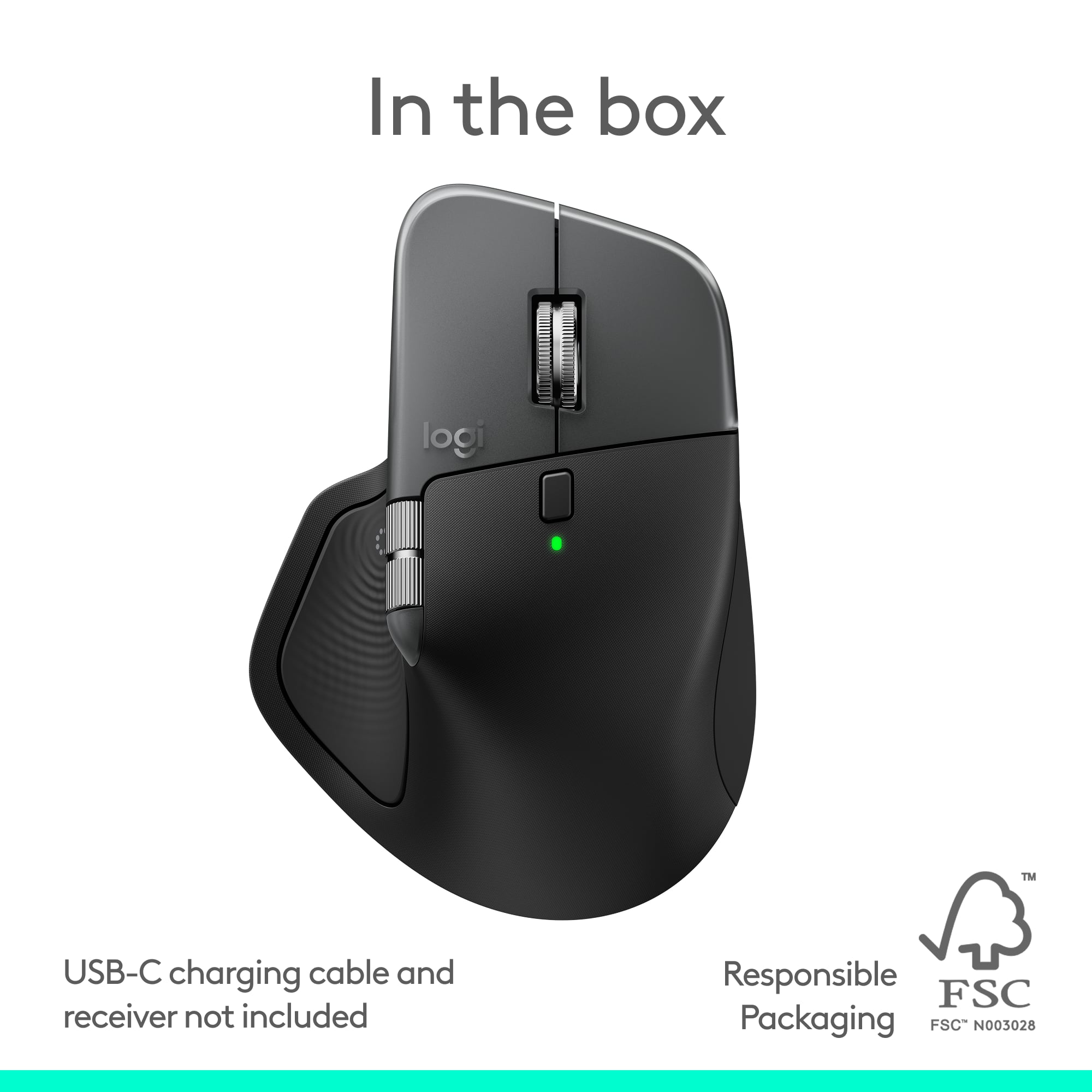 In the box: Logi T USB-C charging cable and receiver not included. Responsible Packaging FSC N003028.
