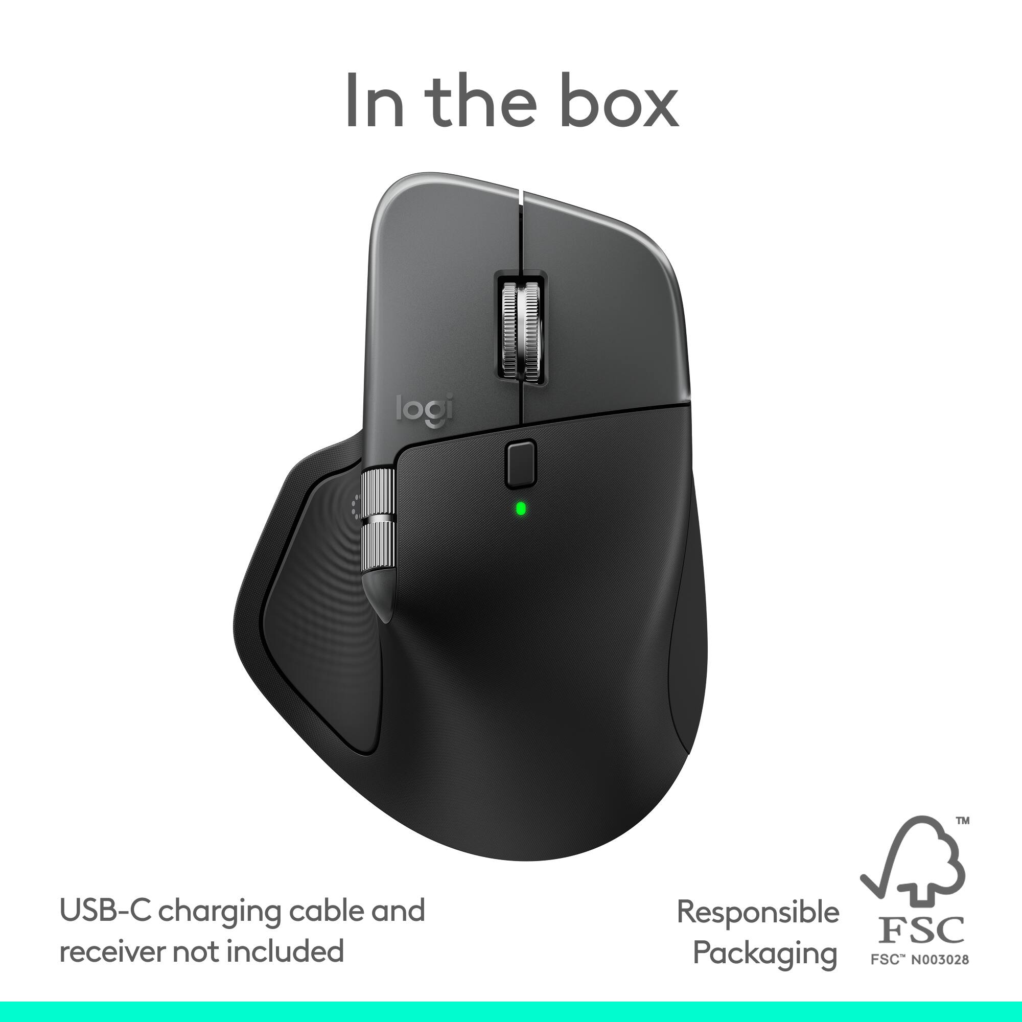 In the box: Logi T USB-C charging cable and receiver not included. Responsible Packaging FSC N003028.
