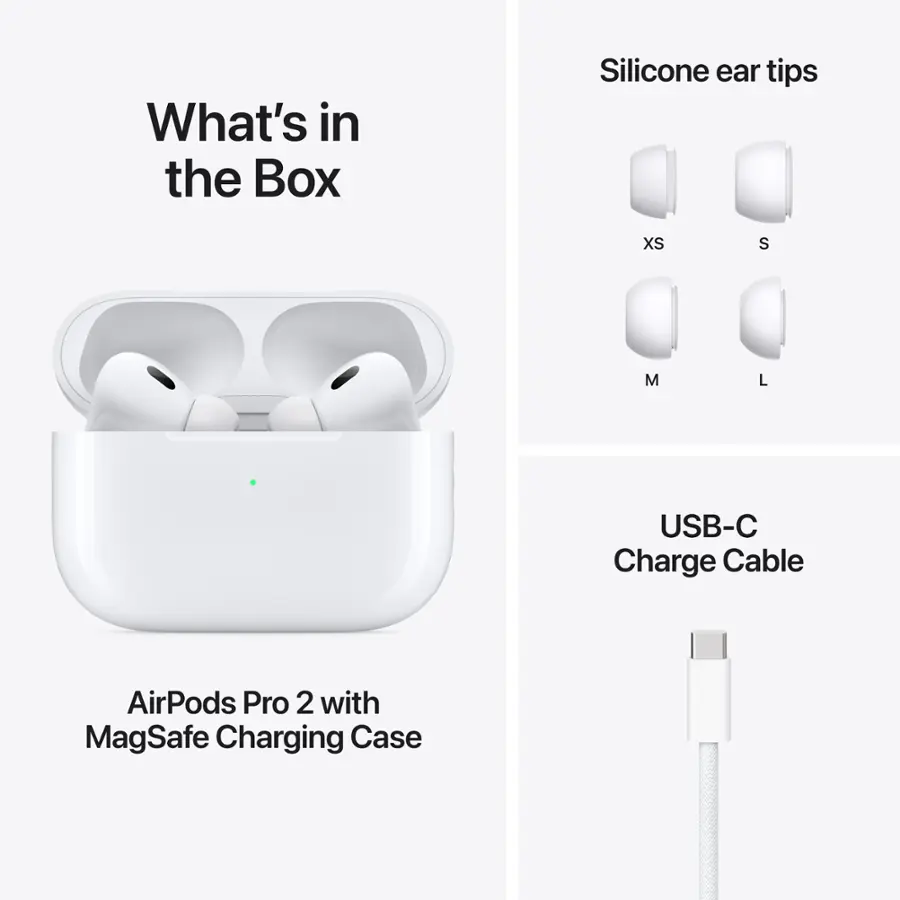 What's in the Box: Silicone ear tips (XS, S, M, L), USB-C Charge Cable, AirPods Pro 2 with MagSafe Charging Case.