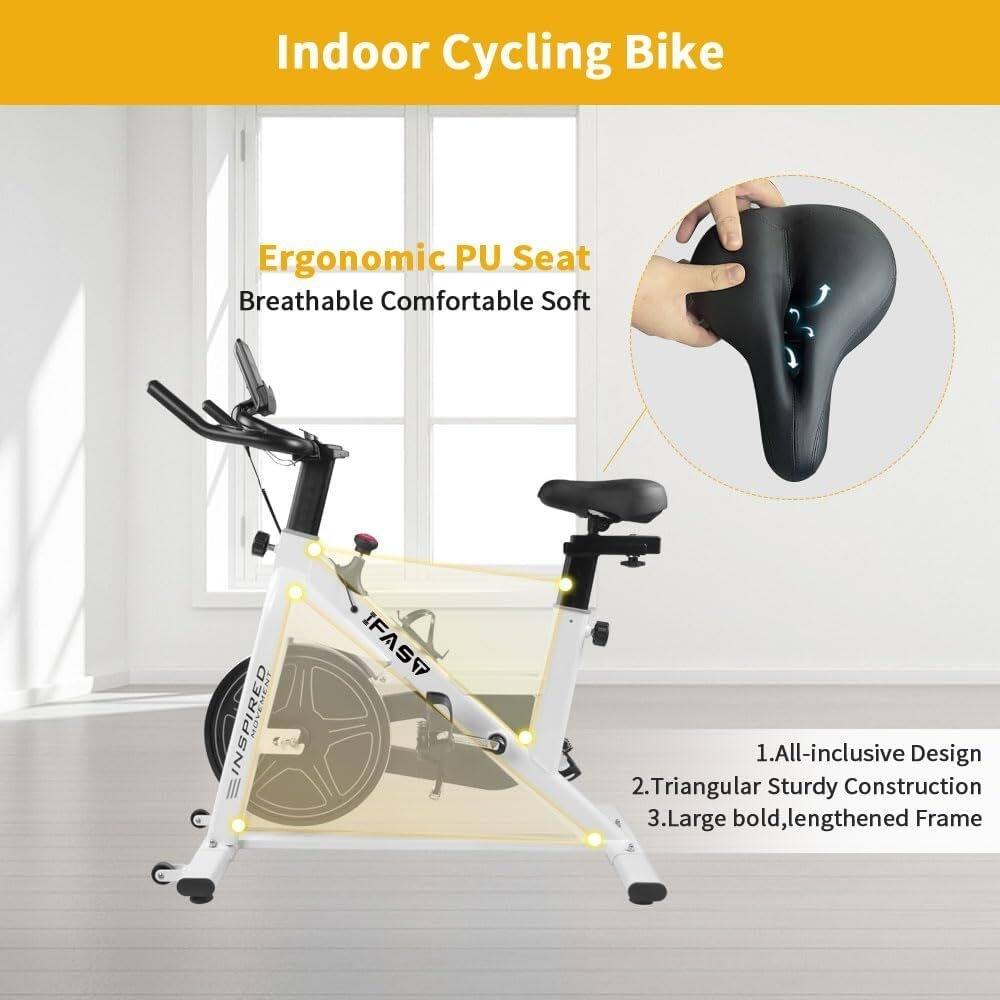 Indoor Cycling Bike

Ergonomic PU Seat
Breathable Comfortable Soft

1. All-inclusive Design
2. Triangular Sturdy Construction
3. Large bold, lengthened Frame