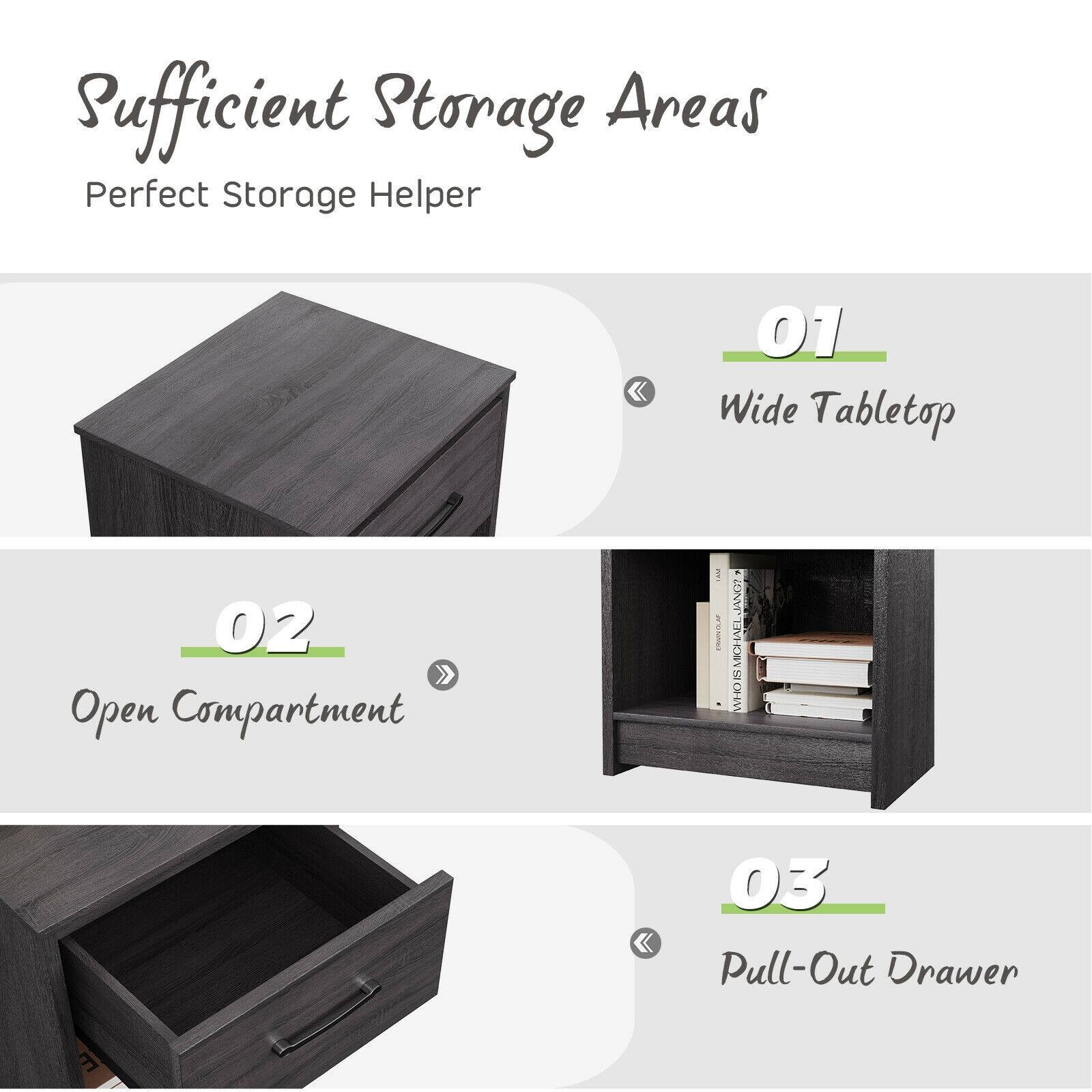 Sufficient Storage Areas Perfect Storage Helper
01 Wide Tabletop
02 Open Compartment
03 Pull-Out Drawer