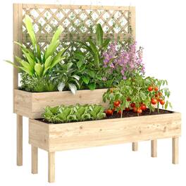 Outsunny - 2-Tier Raised Garden Bed with Trellis, Wooden Elevated Planter Box with Drainage Gaps, Liners