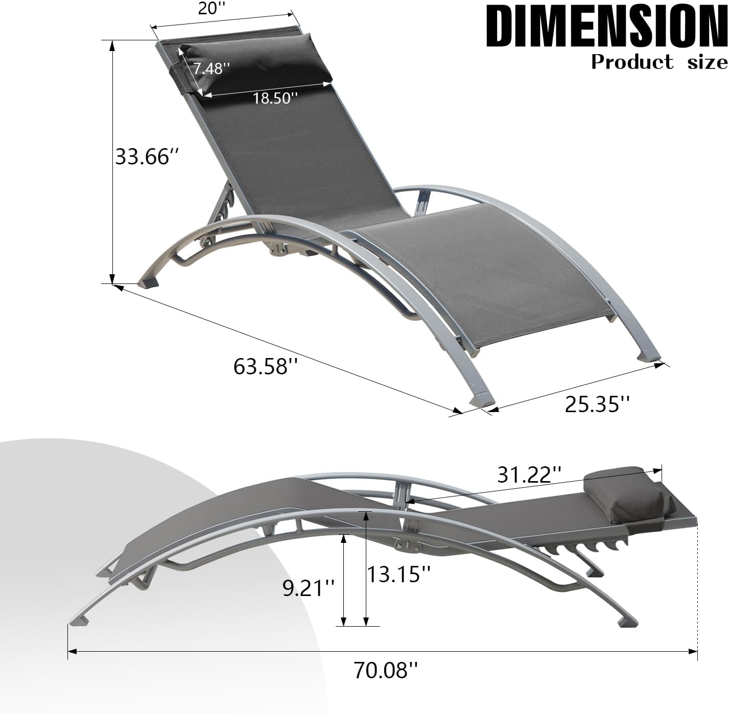 DIMENSION  
Product size  

- 20"  
- 7.48"  
- 18.50"  
- 33.66"  
- 63.58"  
- 25.35"  
- 31.22"  
- 13.15"  
- 9.21"  
- 70.08"