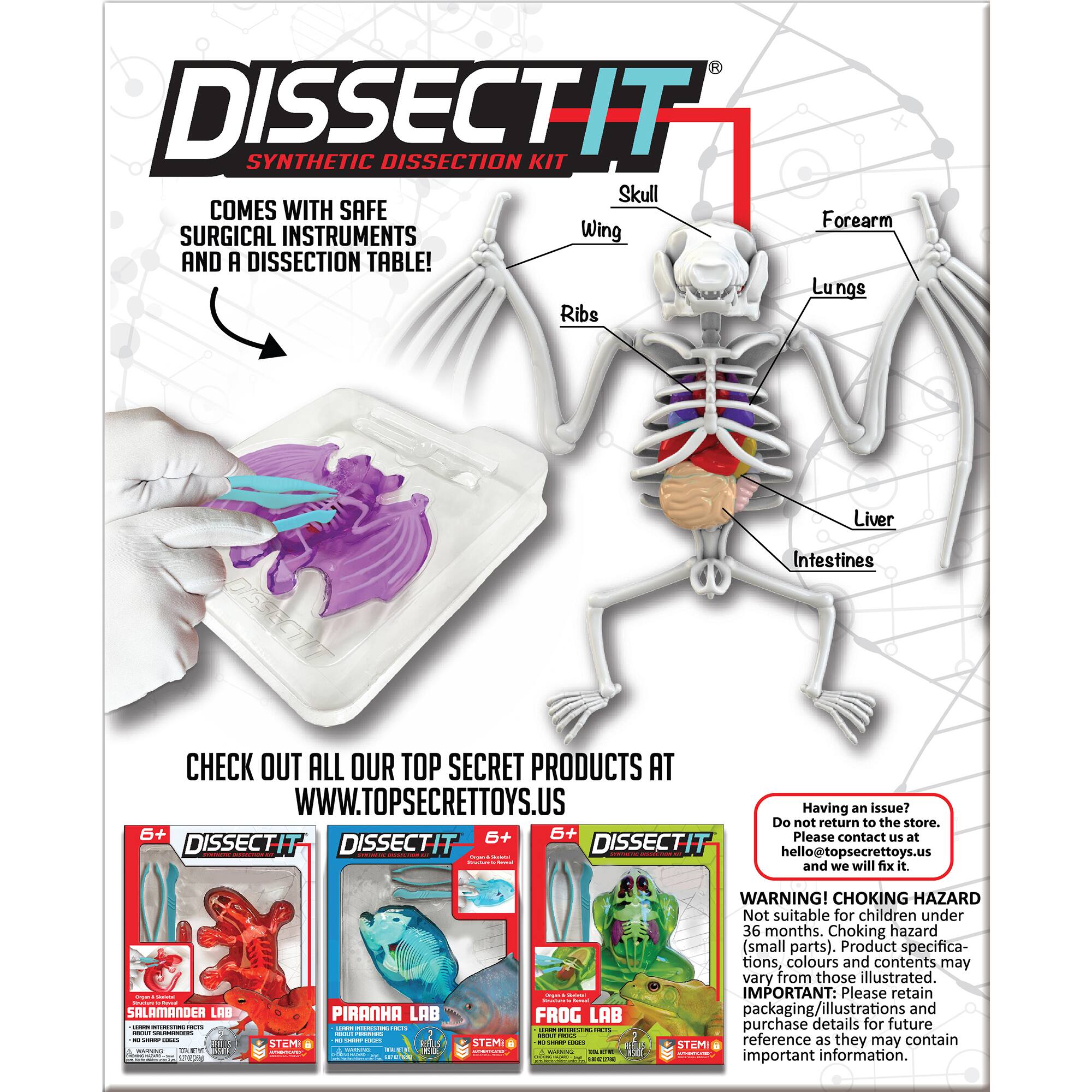 DISSECTIT SYNTHETIC DISSECTION KIT  
Skull COMES WITH SAFE Surgical INSTRUMENTS Wing AND A DISSECTION TABLE!  
Lungs Ribs DISSECTIT Liver Intestines  

CHECK OUT ALL OUR TOP SECRET PRODUCTS AT WWW.TOPSECRETTOYS.US  

Having an issue? Do not return to the store.  
6+ 6+ 6+  
Please contact us at DISSECTIT DISSECTIT DISSECTIT | hello@topsecrettoys.us  

WARNING! CHOKING HAZARD  
Not suitable for children under 36 months. Choking hazard (small parts).  
Product specifications, colours and contents may vary from those illustrated.  

IMPORTANT: Please retain packaging/illustrations and purchase details for future STEMI reference as they may contain important information.