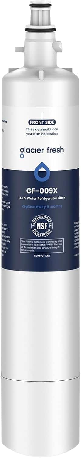 FRONT SIDE  
This side should face you after installation  

glacier fresh  

GF-009X  
Ice & Water Refrigerator Filter  
Replace every 6 months  

INDEPENDENTLY  
NSF  
CERTIFIED  

This Filter is Tested and Certified by NSF International against NSF/ANSI Standard 42 for materials and structural integrity requirements  

COMPONENT