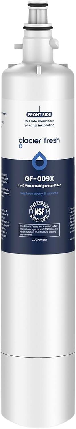 FRONT SIDE
This side should face you after installation
glacier fresh
GF-009X
Ice & Water Refrigerator Filter
Replace every 6 months
INDEPENDENTLY
NSF
CERTIFIED
This Filter is Tested and Certified by NSF International against NSF/ANSI Standard 42 for materials and structural integrity requirements
COMPONENT
