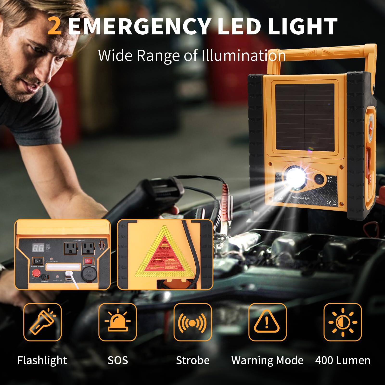 2 EMERGENCY LED LIGHT  
Wide Range of Illumination  

- Flashlight  
- SOS  
- Strobe  
- Warning Mode  
- 400 Lumen