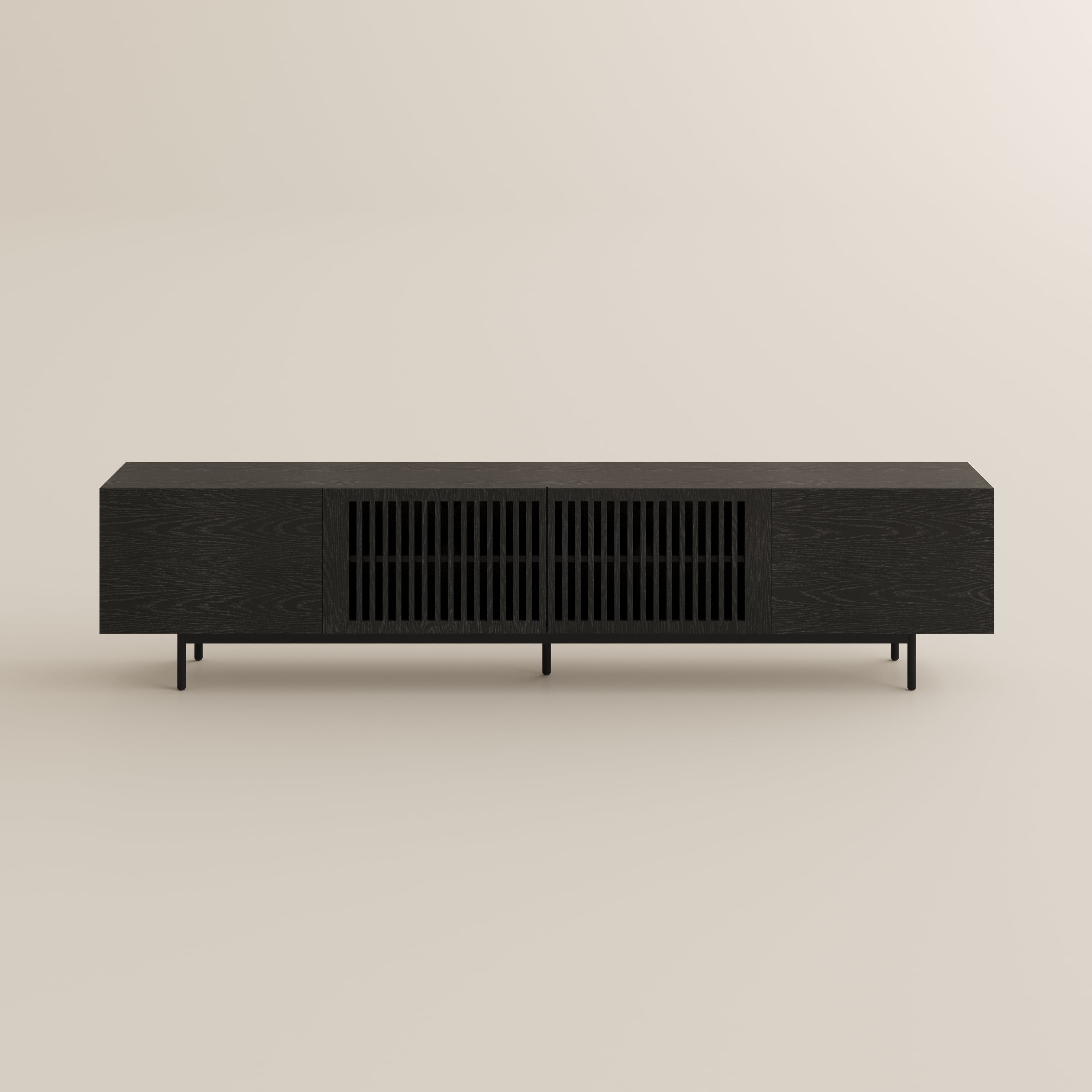 Alt View 6. POVISON - 94" Mid-Century Modern TV Stand, Minimalist Slatted Wood TV Console with Black Tall-Cast Metal Feet, Black Oak - Black.