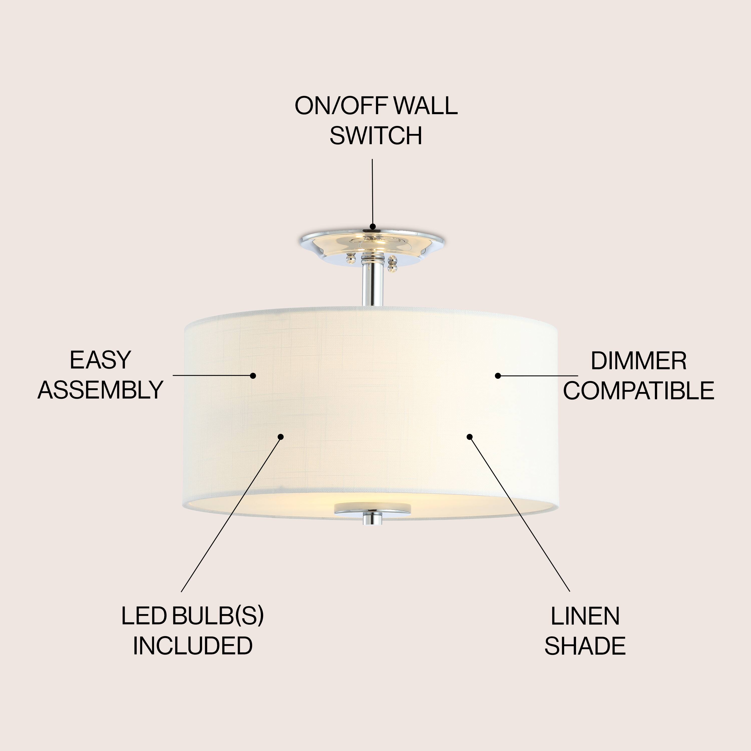 ON/OFF WALL SWITCH  
EASY ASSEMBLY  
DIMMER COMPATIBLE  
LED BULB(S) INCLUDED  
LINEN SHADE