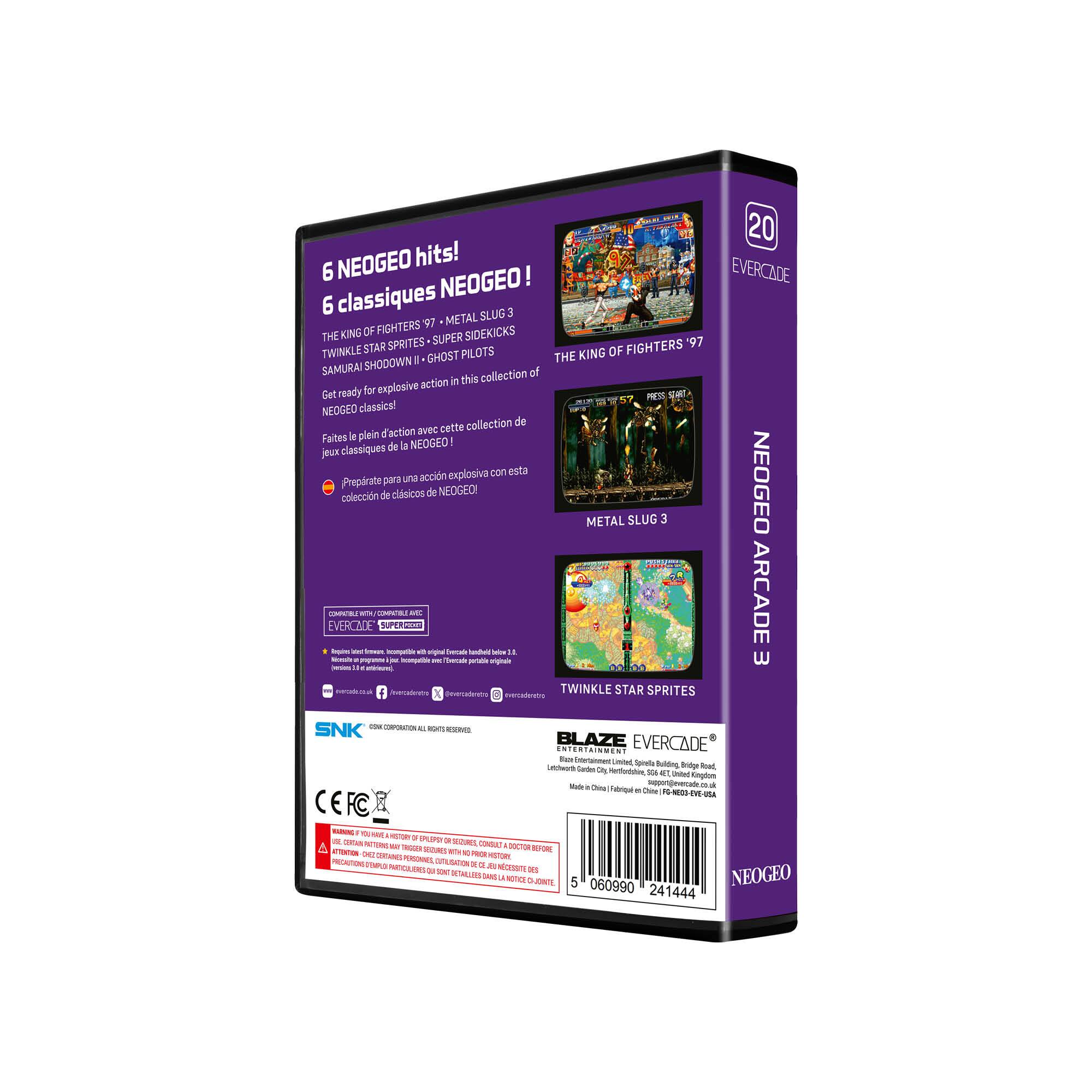 20 NEOGEO hits!  
6 NEOGEO!  
EVERCADE 6 classiques  
SLUG 3  
97 METAL KING  
oF FIGHTERS  
SIDEKICKS  
THE SUPER STAR SPRITES  
FIGHTERS '97  
TWINKLE GHOST PILOTS  
THE KING OF SHODOWN - SAMURAI  

collection of action in this Get ready for explosive NEOGEO classics!  
collection de d'action avec cette Faites i plein de la NEOGEO jour classiques explosiva con esta para una acción Preparate NEOGEO cnleccin de clssicos de NEOGEO!  

METAL SLUG 3 - EVERCADE -  

Sothg - ARCADE - - - - - - S  - . - - - - - - haal - m w - .  1 /eatias I - TWINKLE STAR SPRITES a eversaturatos SNK - .. - - BLAZE EVERCADE -. - - LiAAt - Bulling Bndge - -t - - rtforashin SA 1 Uas dington - -eca - - - Vnal . -  -  Mna FC -  - . P - - 