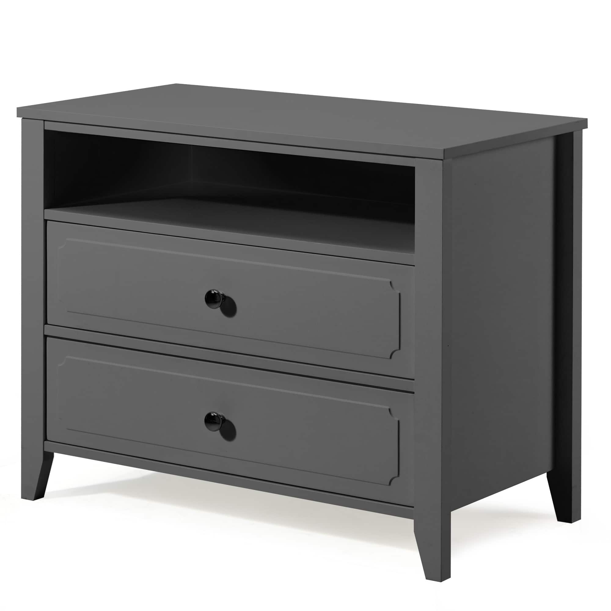 U-HOMY - Modern 2-Drawer Nightstand with Open Shelf, Wide Bedside Table with Solid Wood Legs for Bedroom Storage - Dark Gray