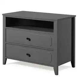 U-HOMY - Modern 2-Drawer Nightstand with Open Shelf, Wide Bedside Table with Solid Wood Legs for Bedroom Storage - Dark Gray