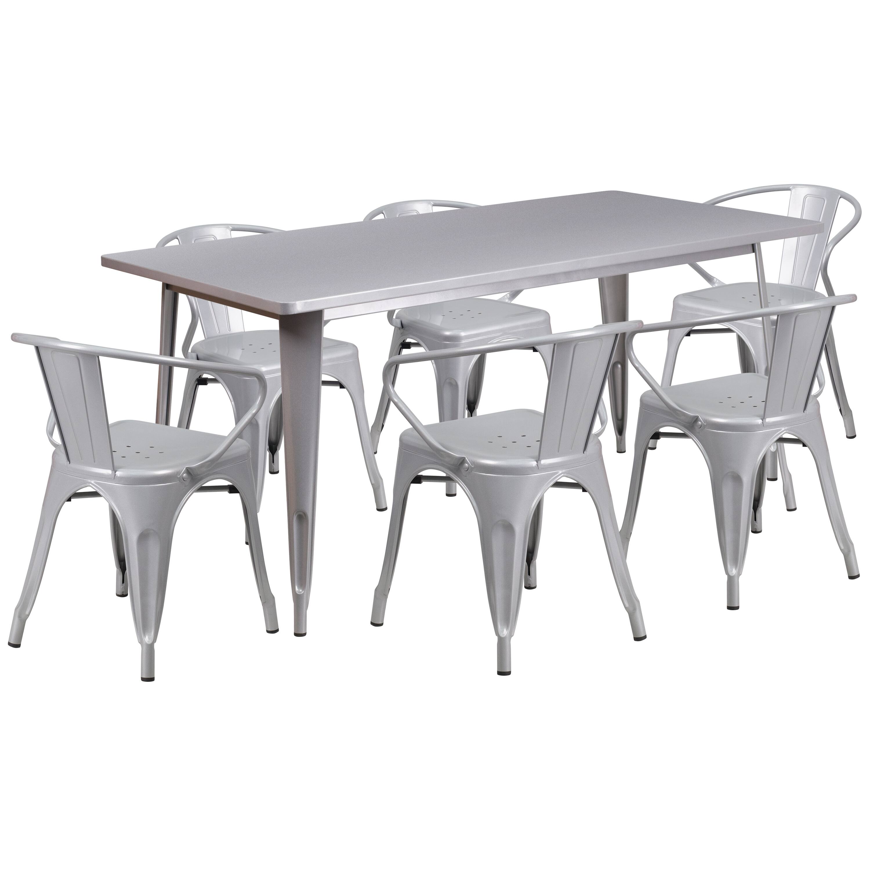 Alt View 1. Emma + Oliver - Commercial Grade Rectangular Metal Indoor-Outdoor Table Set with 6 Arm Chairs - Silver.