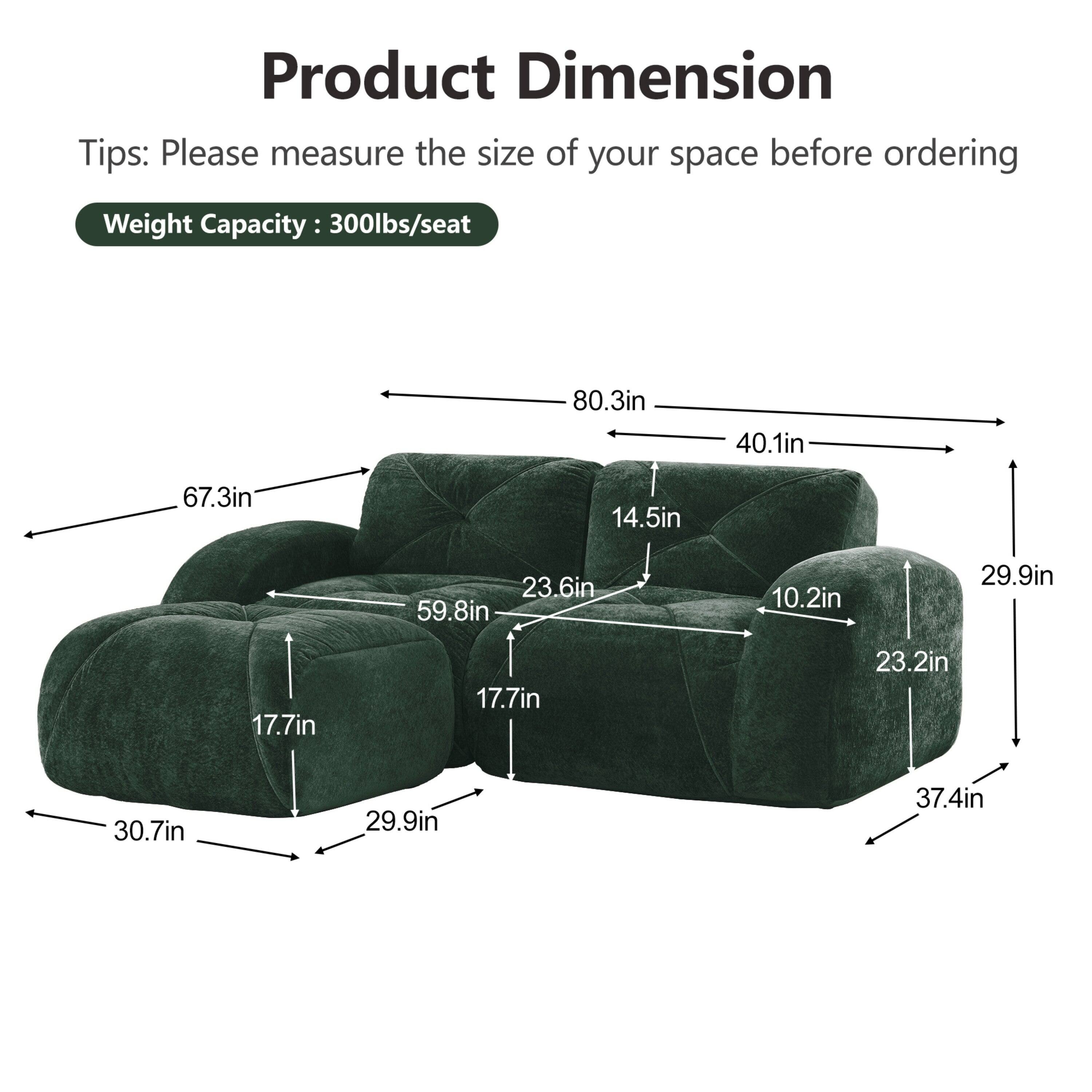 Product Dimension Tips: Please measure the size of your space before ordering  
Weight Capacity: 300lbs/seat  

80.3in  
40.1in  
67.3in  
14.5in  
23.6in  
59.8in  
10.2in  
29.9in  
17.7in  
17.7in  
23.2in  
30.7in  
29.9in  
37.4in