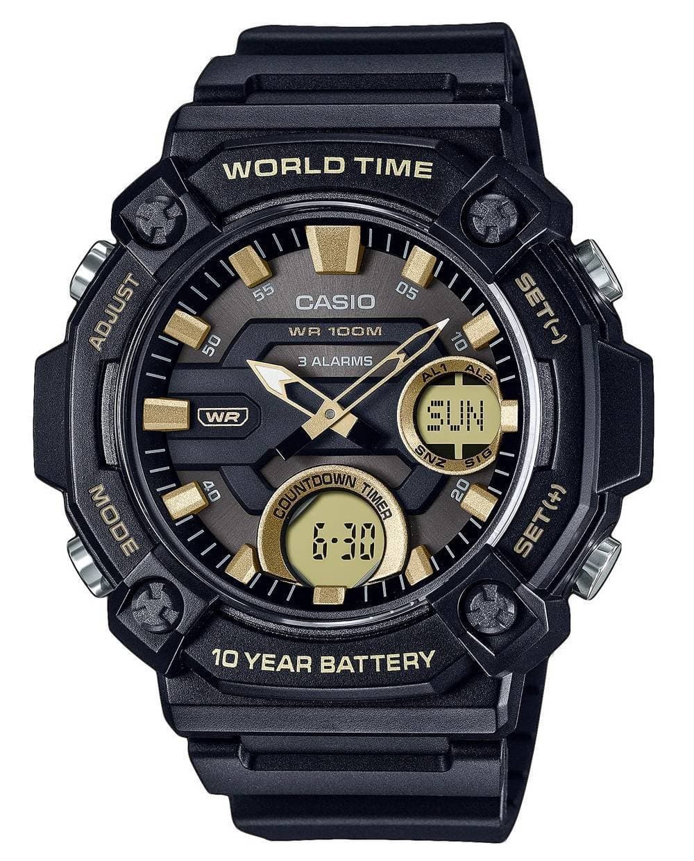 Casio - World Time Analog Digital Quartz AEQ-120W-9AV Mens Watch Alarms Timer Stopwatch Resin Dial - Black