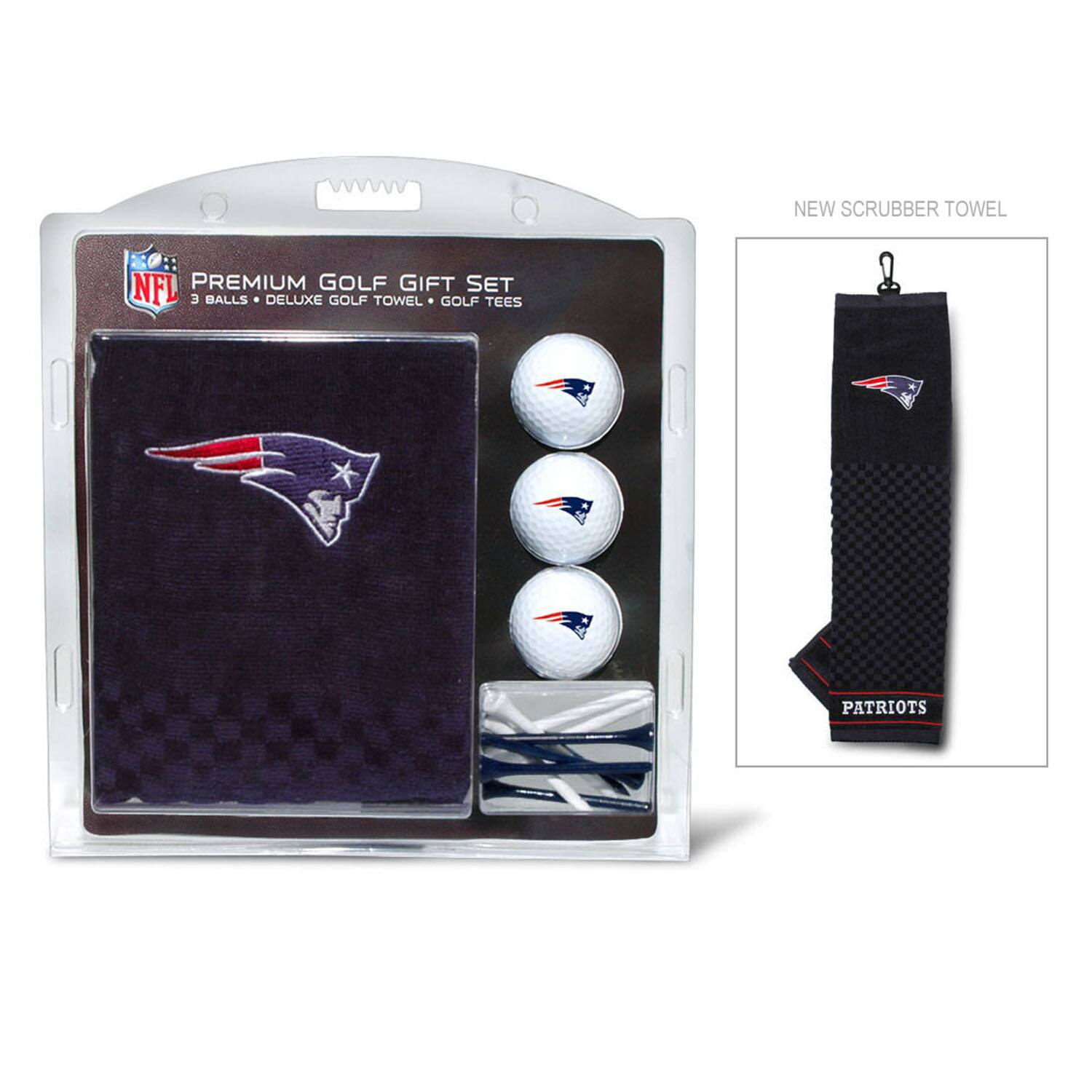 NEW SCRUBBER TOWEL  
NFL PREMIUM GOLF GIFT SET  
3 BALLS • DELUXE GOLF TOWEL • GOLF TEES  
PATRIOTS