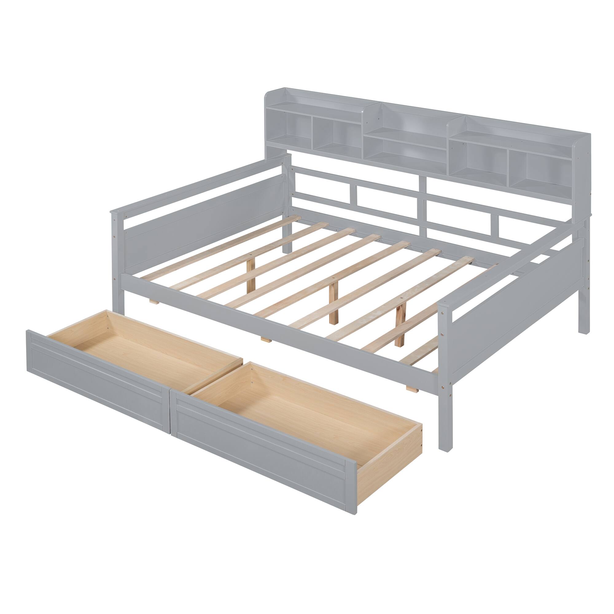 Left. Aukfa - Twin size Daybed, Wood Slat Support, with Bedside Shelves and Two Drawers - Gray.