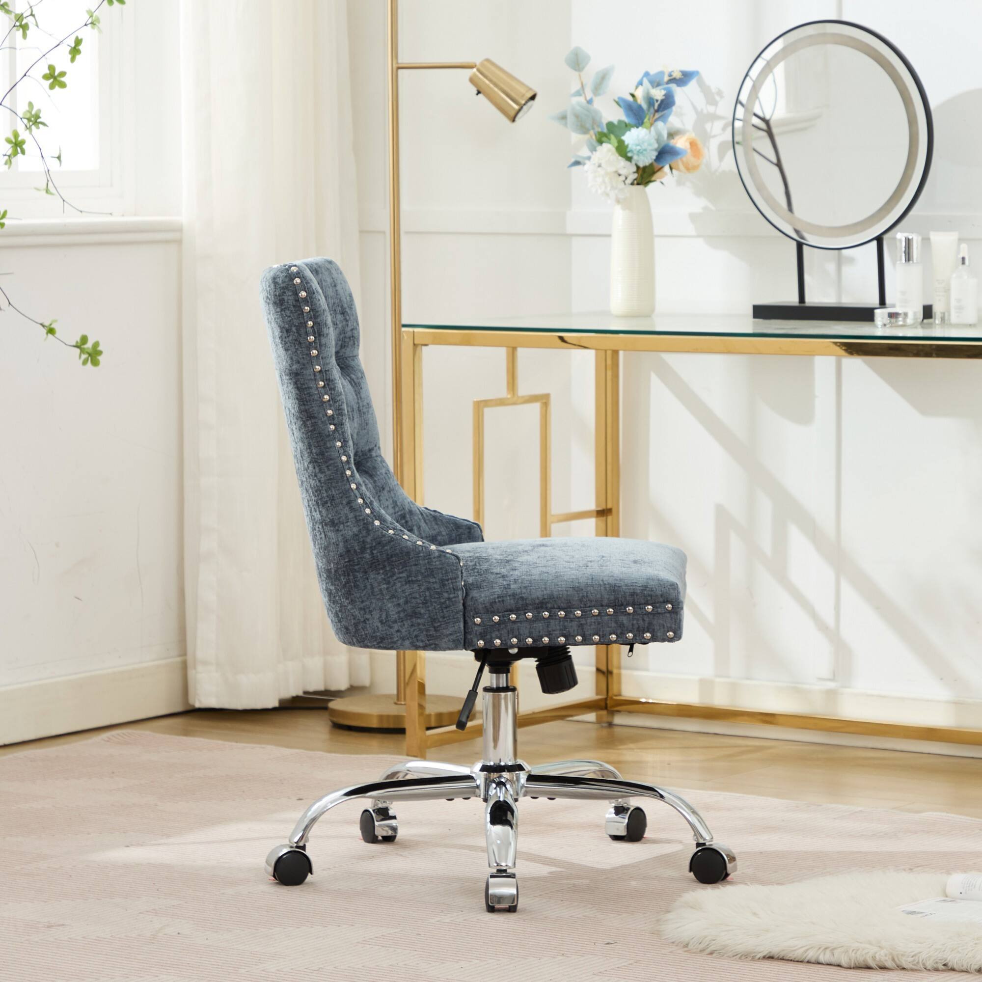Alt View 4. Spaco - Spaco Office Chair, Executive Chair with Modern Chenille, Tufted Button, Chrome Base, Adjustable Swivel, for Home Office - Light Blue.
