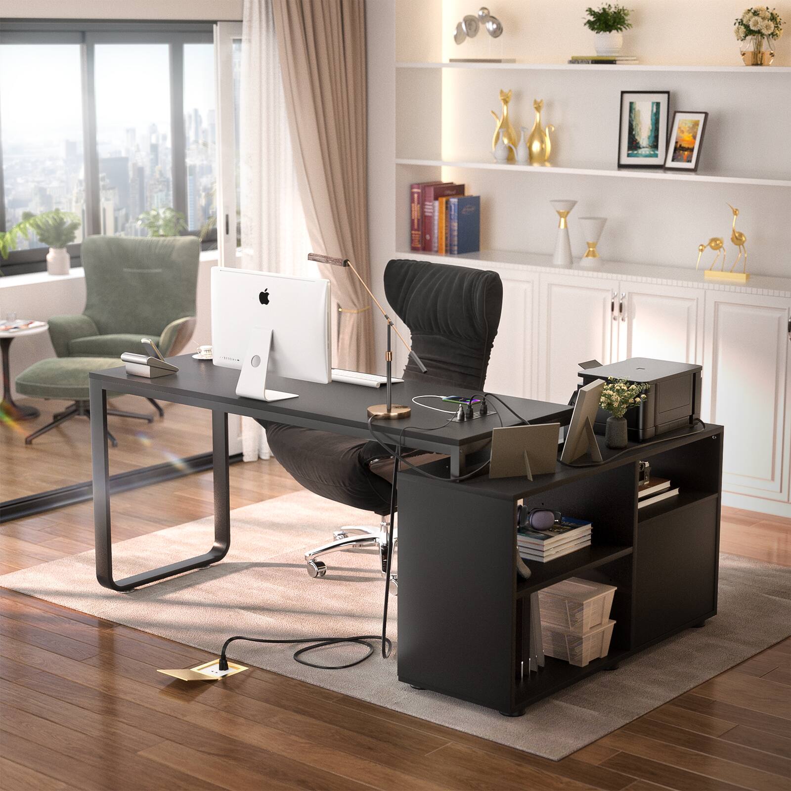 Alt View 2. Aheaplus - Reversible L-Shaped Computer Desk with Drawers and Cabinet, Gaming Desk with Power Outlets and LED Lights - Black.