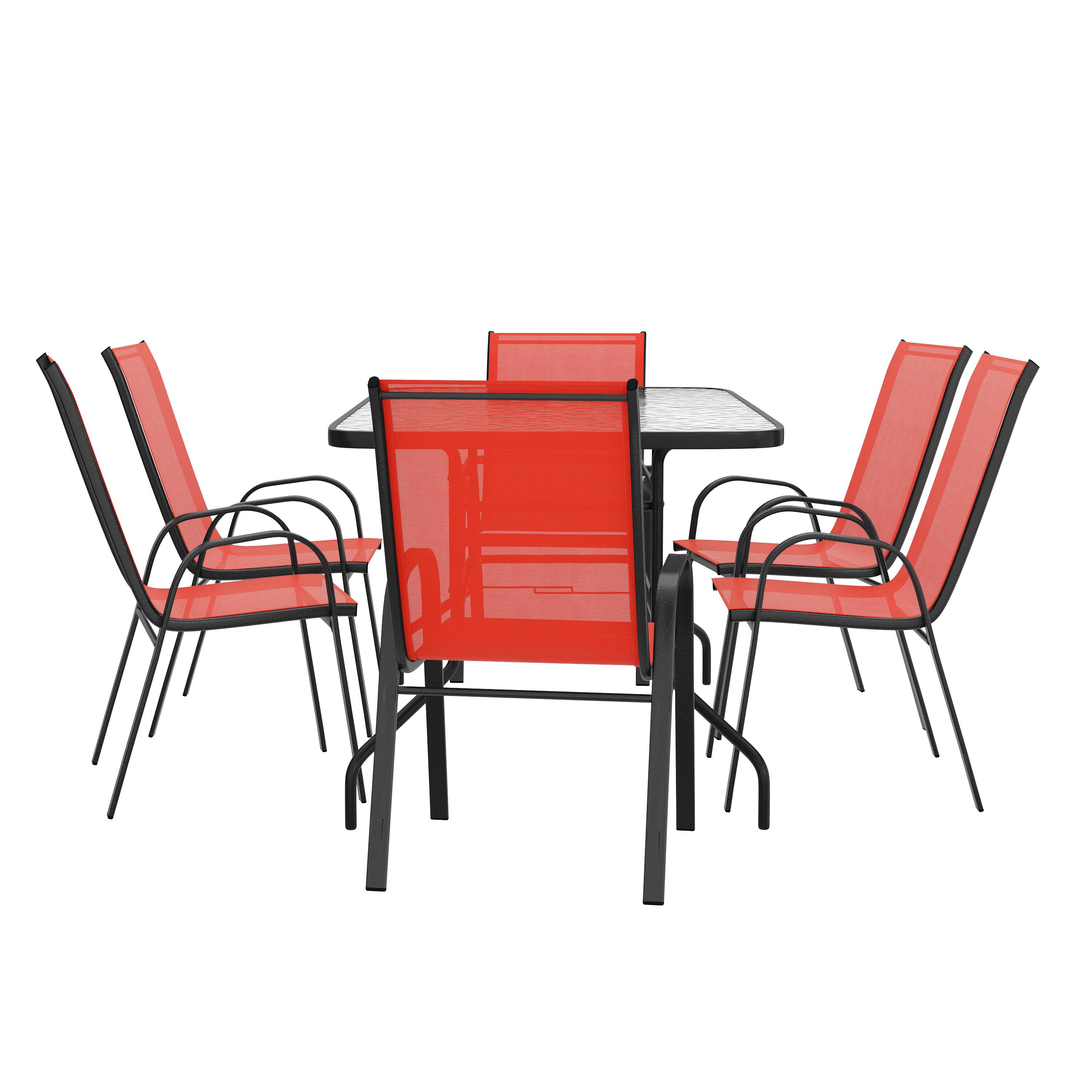 Alt View 7. Emma + Oliver - Seven Piece Patio Table Set with Metal Table with Tempered Glass Top and 6 Flex Comfort Stacking Chairs - Red.