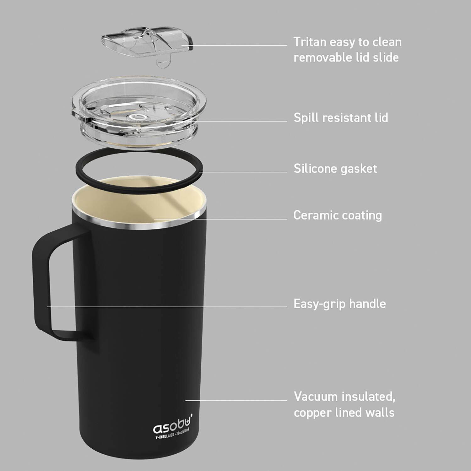 Tritan easy to clean removable lid slide  
Spill resistant lid  
Silicone gasket  
Ceramic coating  
Easy-grip handle  
Vacuum insulated, copper lined walls