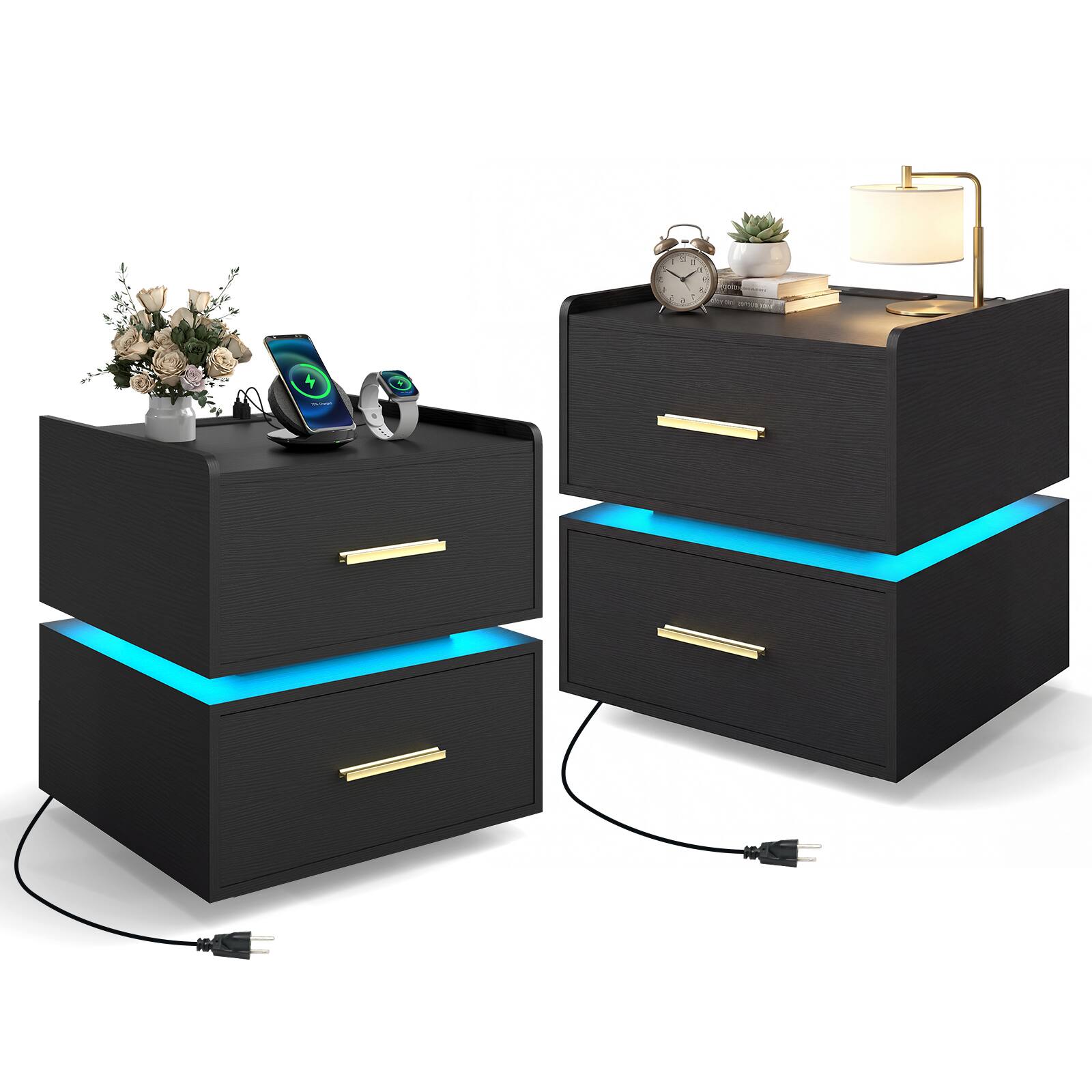 Front. Costway - Costway 2 PCS Nightstand with Charging Station,LED Bedside Table with 2 Storage Drawers - Black.