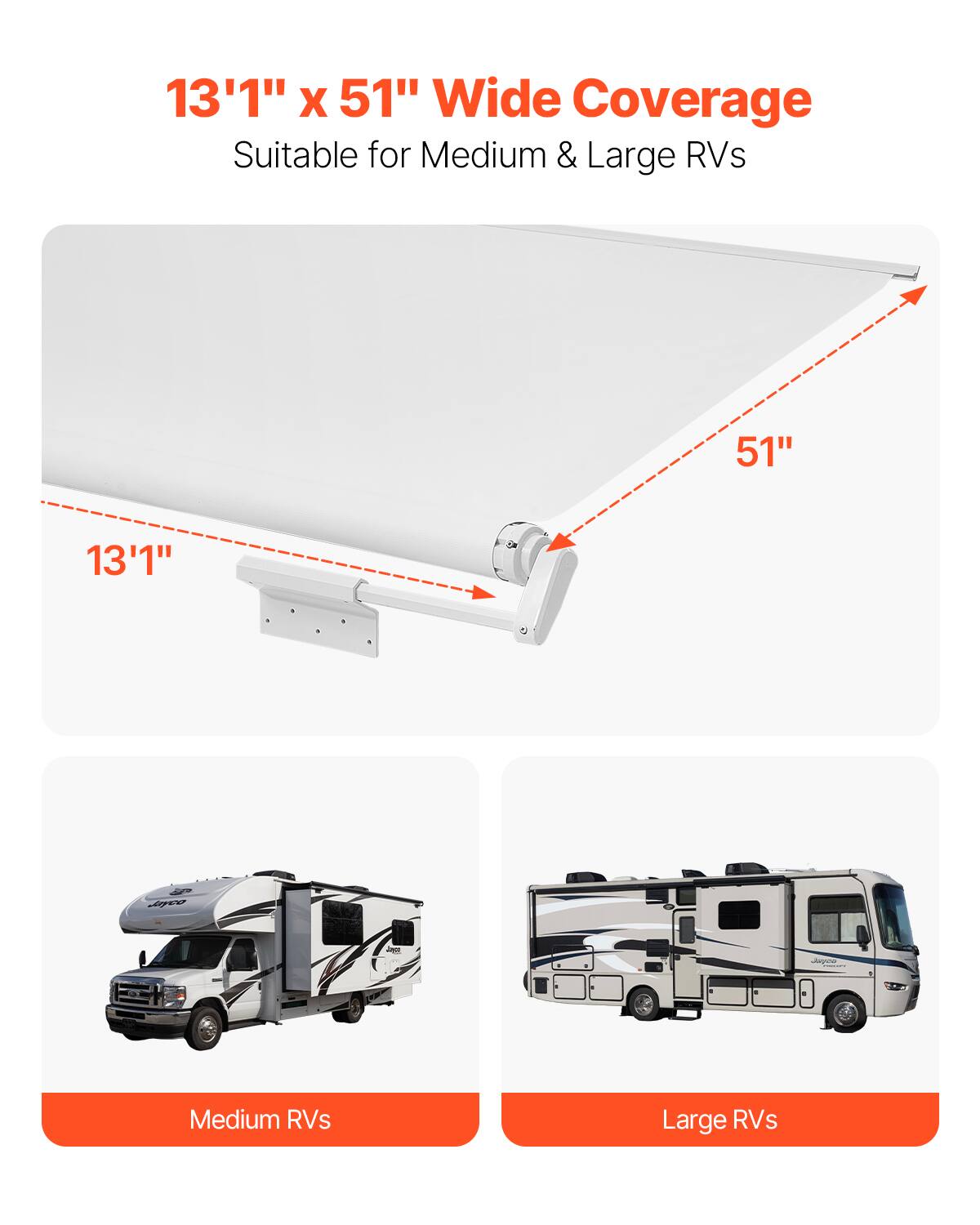 13'1" x 51" Wide Coverage  
Suitable for Medium & Large RVs  

13'1"  
51"  

Medium RVs  
Large RVs