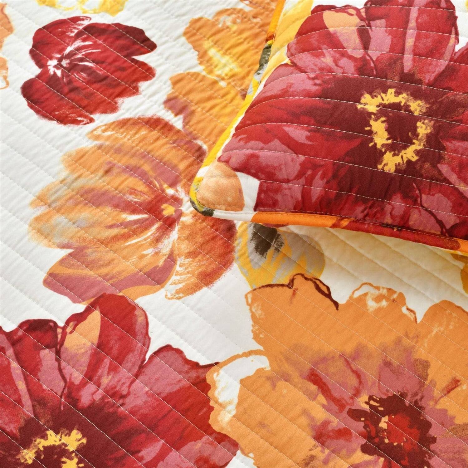 Back. Hivvago - Full/Queen Red Orange Flowers Lightweight Polyester Microfiber Quilt Set - Red ,Orange.