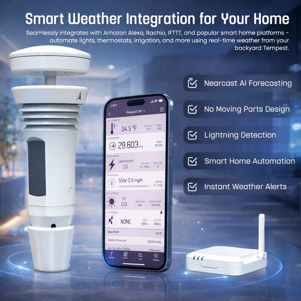 Smart Weather Integration for Your Home

Seamlessly integrates with Amazon Alexa, Rachio, IFTTT, and popular smart home platforms to automate lights, thermostats, irrigation, and more using real-time weather from your backyard Tempest.

- Nearcast AI Forecasting
- No Moving Parts Design
- Lightning Detection
- Smart Home Automation
- Instant Weather Alerts

Prospect SI
- 34.5°F
- 29.603 mg
- Last Detected 2d
- SSW 09 mph
- Dew Point 38
- Station Pressure 2001