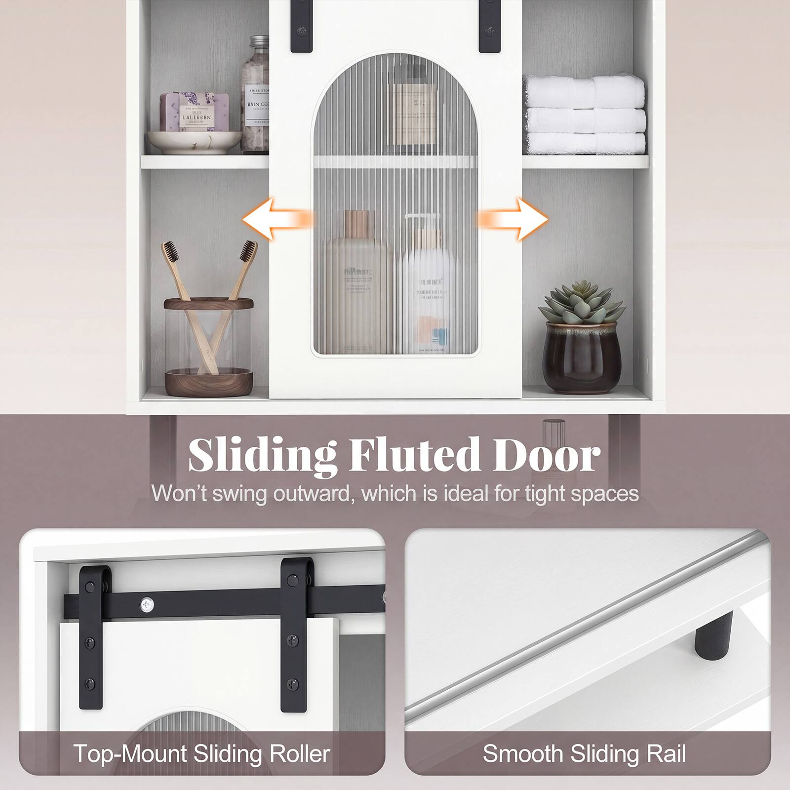 Sliding Fluted Door Won't swing outward, which is ideal for tight spaces  
Top-Mount Sliding Roller  
Smooth Sliding Rail