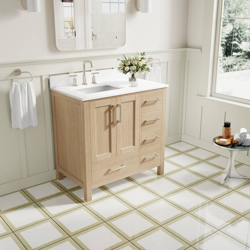 Left. WELLFOR - 36 in Bathroom Vanity with Sink, Freestanding Solid Wood Bathroom Cabinet with 2 Soft-Close Doors& 5 Soft-Close Drawers - Oak.