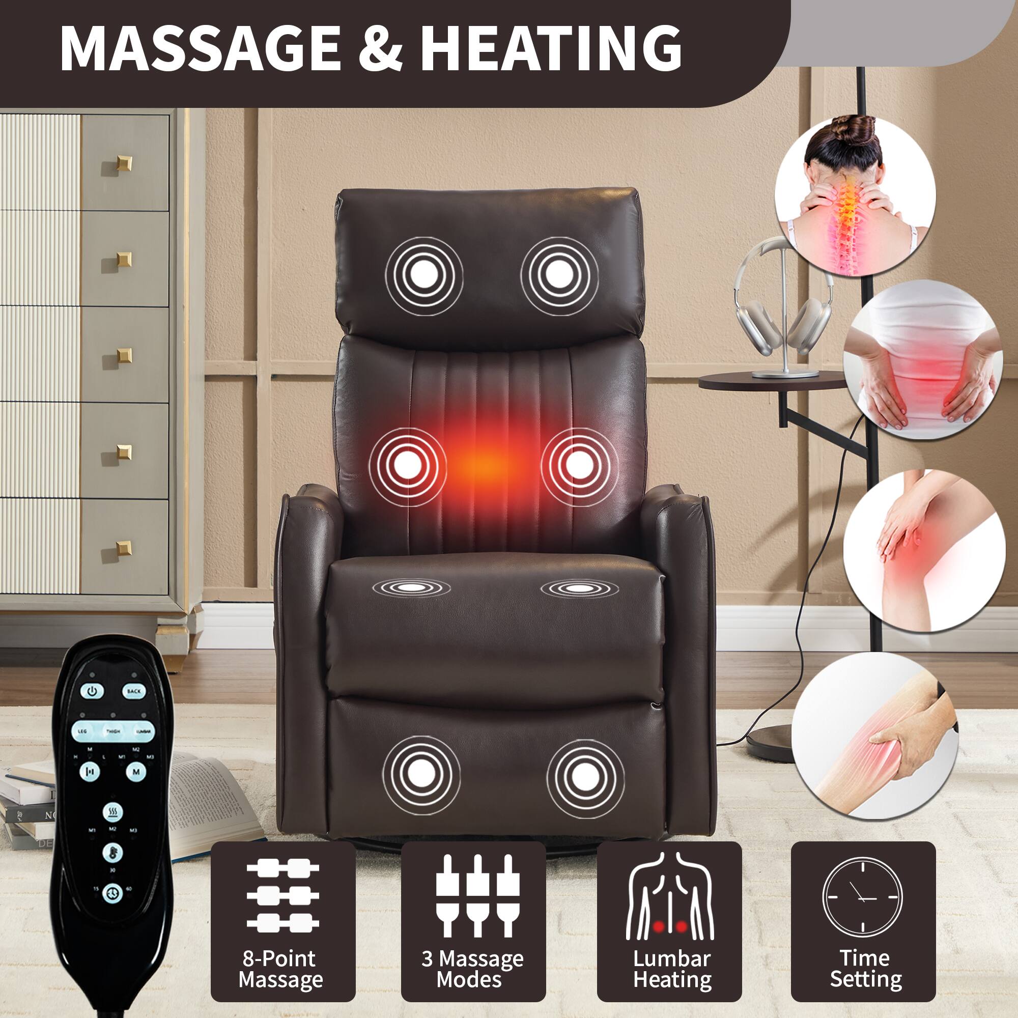 MASSAGE & HEATING

- 8-Point Massage
- 3 Massage Modes
- Lumbar Heating
- Time Setting