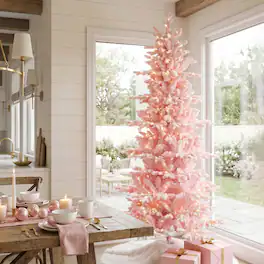 Glitzhome - 7.5ft Deluxe Pre-Lit Flocked Slim Fir Artificial Christmas Tree with 360 Lights - Pink