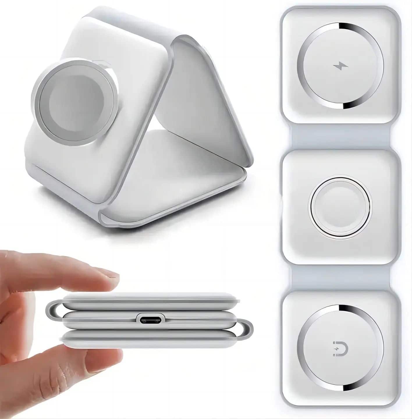 Cluzine - 3-in-1 Foldable Wireless Charger Stand with Type-C Cable, Magnetic Charging for Phone, Earbuds & Watch