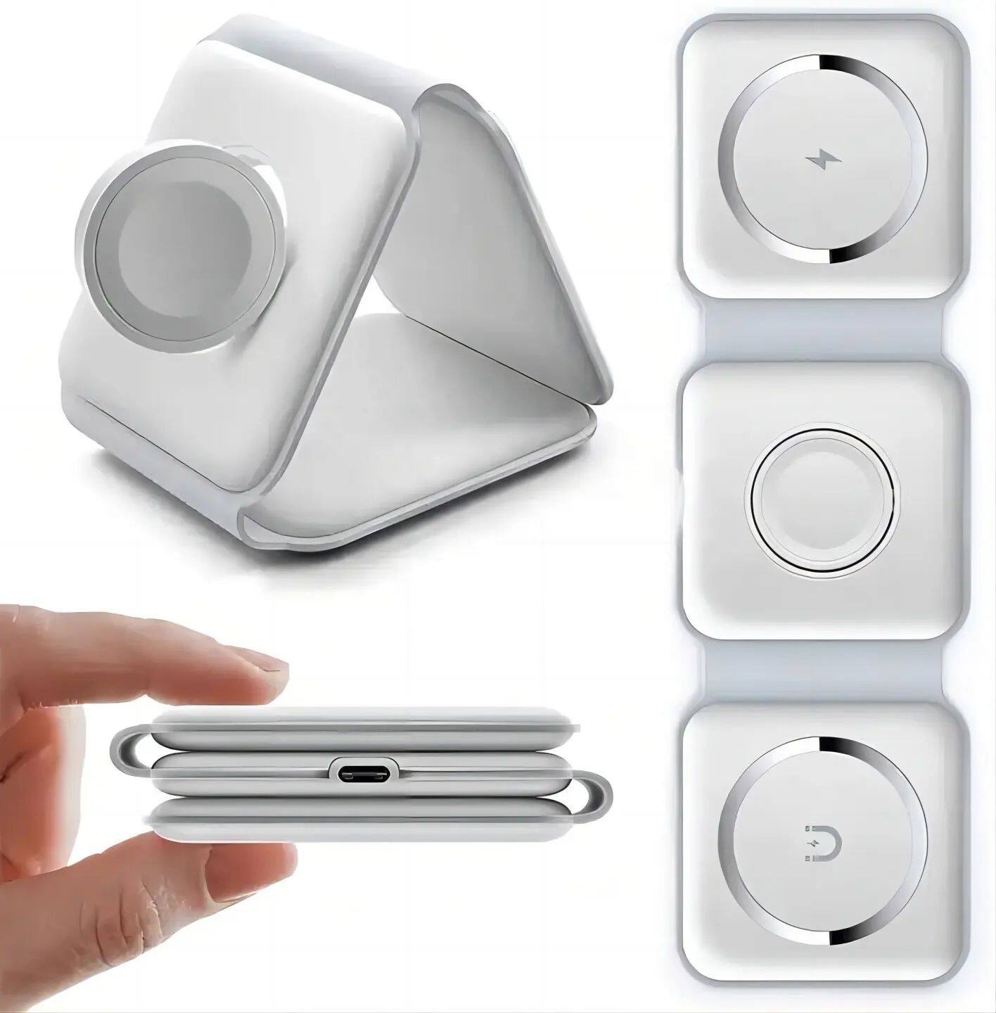 Front. Cluzine - 3-in-1 Foldable Wireless Charger Stand with Type-C Cable, Magnetic Charging for Phone, Earbuds & Watch.