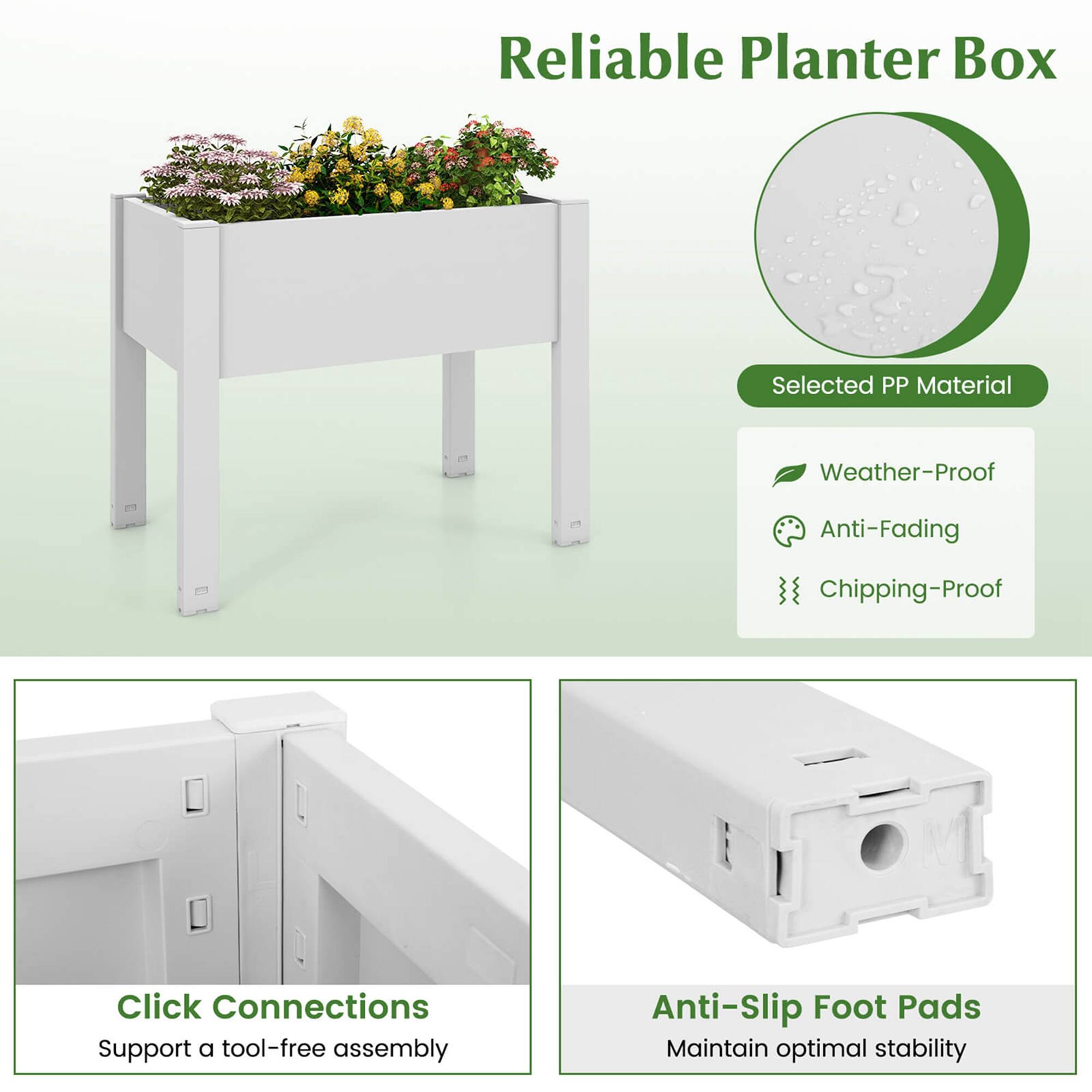 Reliable Planter Box: Selected PP Material, Weather-Proof, Anti-Fading, Chipping-Proof, Click Connections, Support a tool-free assembly, Anti-Slip Foot Pads, Maintain optimal stability.