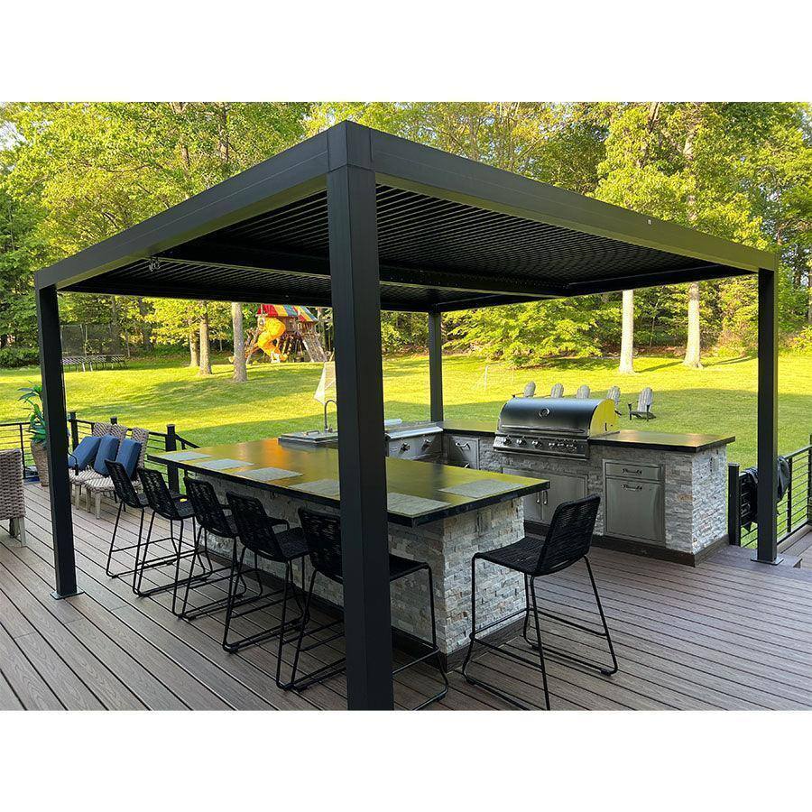 Angle. PURPLE LEAF - Louvered Pergola Outdoor Gray Aluminum Pergola with Adjustable Roof for Deck Backyard Garden Hardtop Gazebo - 11' X 14'.