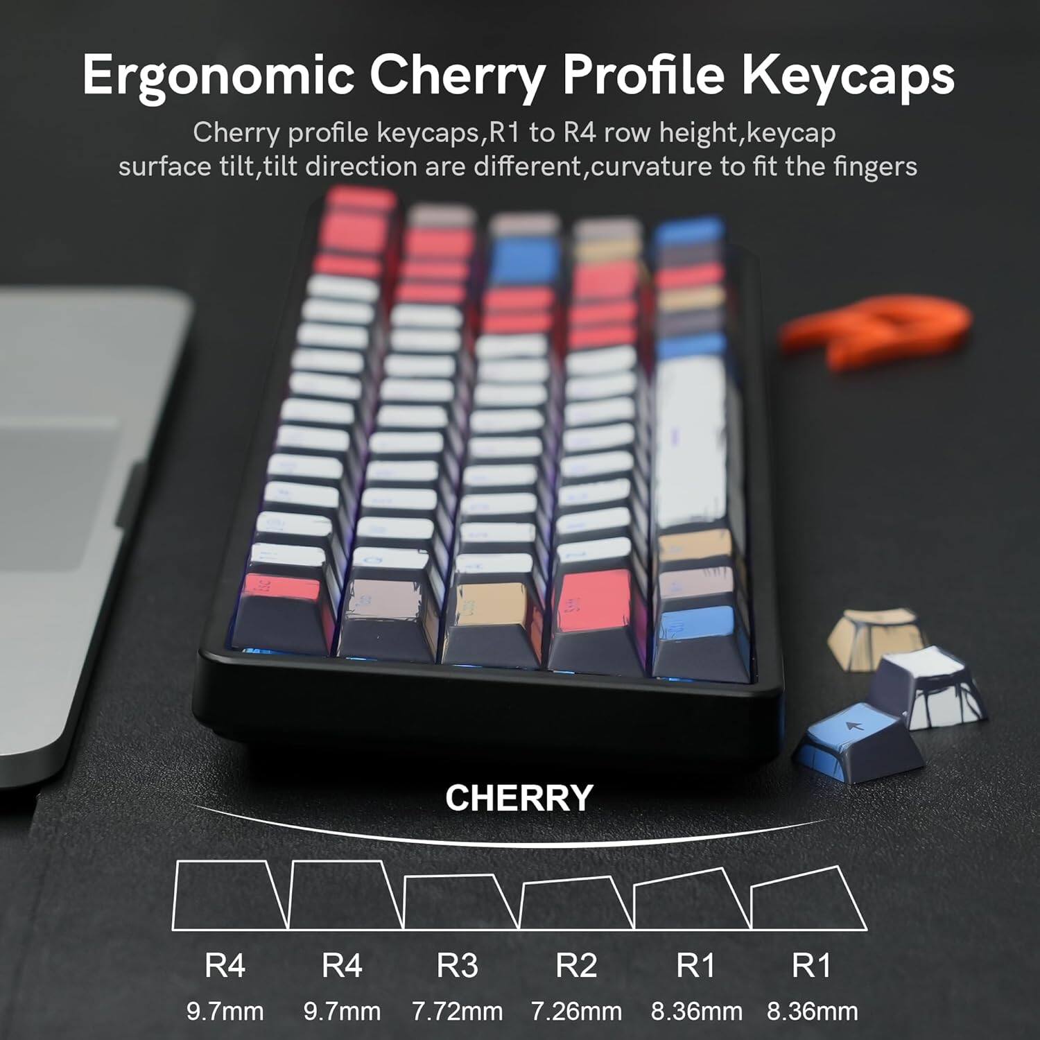 Ergonomic Cherry Profile Keycaps

Cherry profile keycaps, R1 to R4 row height, keycap surface tilt, tilt direction are different, curvature to fit the fingers

CHERRY

R4 9.7mm  
R4 9.7mm  
R3 7.72mm  
R2 7.26mm  
R1 8.36mm  
R1 8.36mm