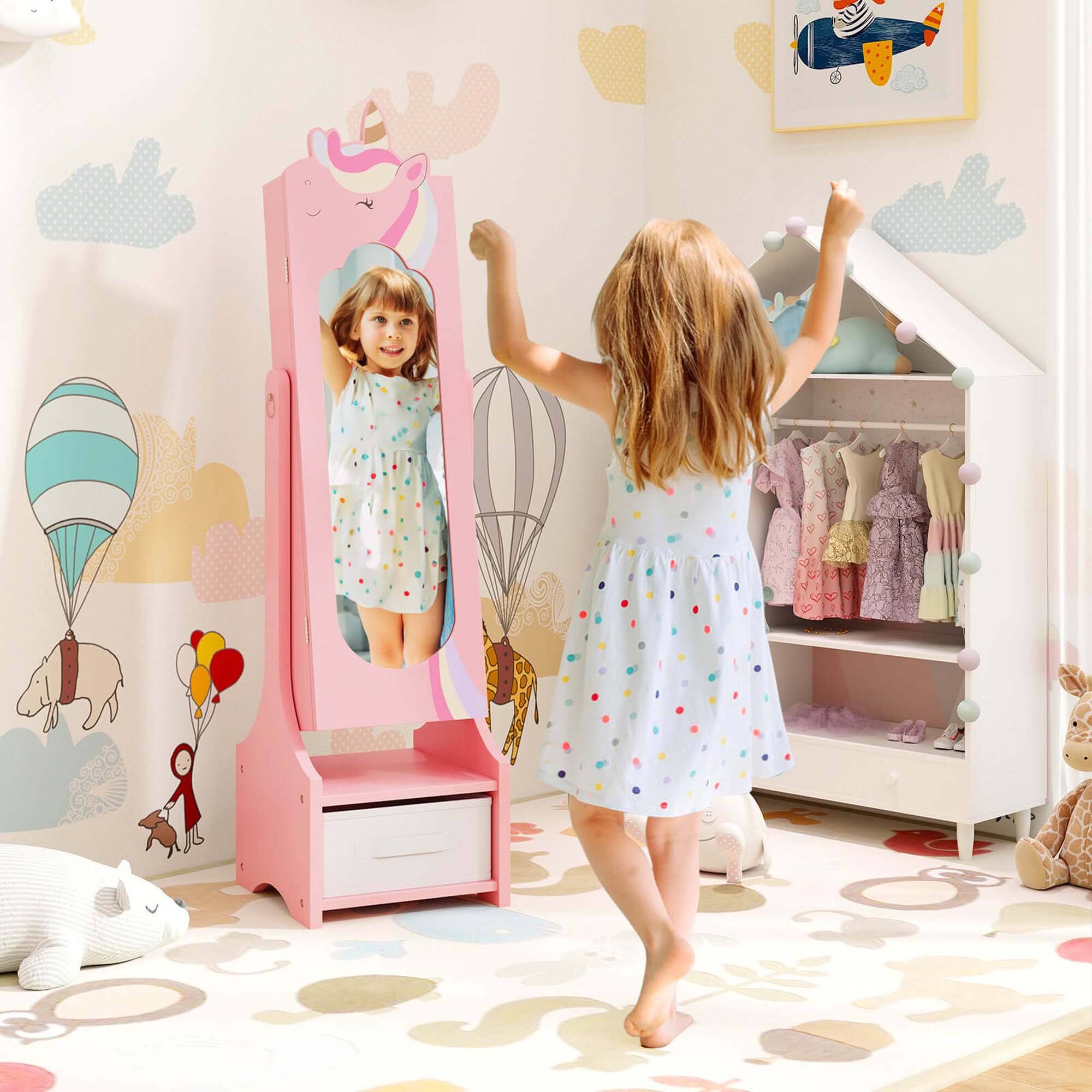 Alt View 3. Costway - Costway Kids Vanity Set Princess Makeup Dressing Table & Chair Set with Kids Jewelry Armoire - Pink.