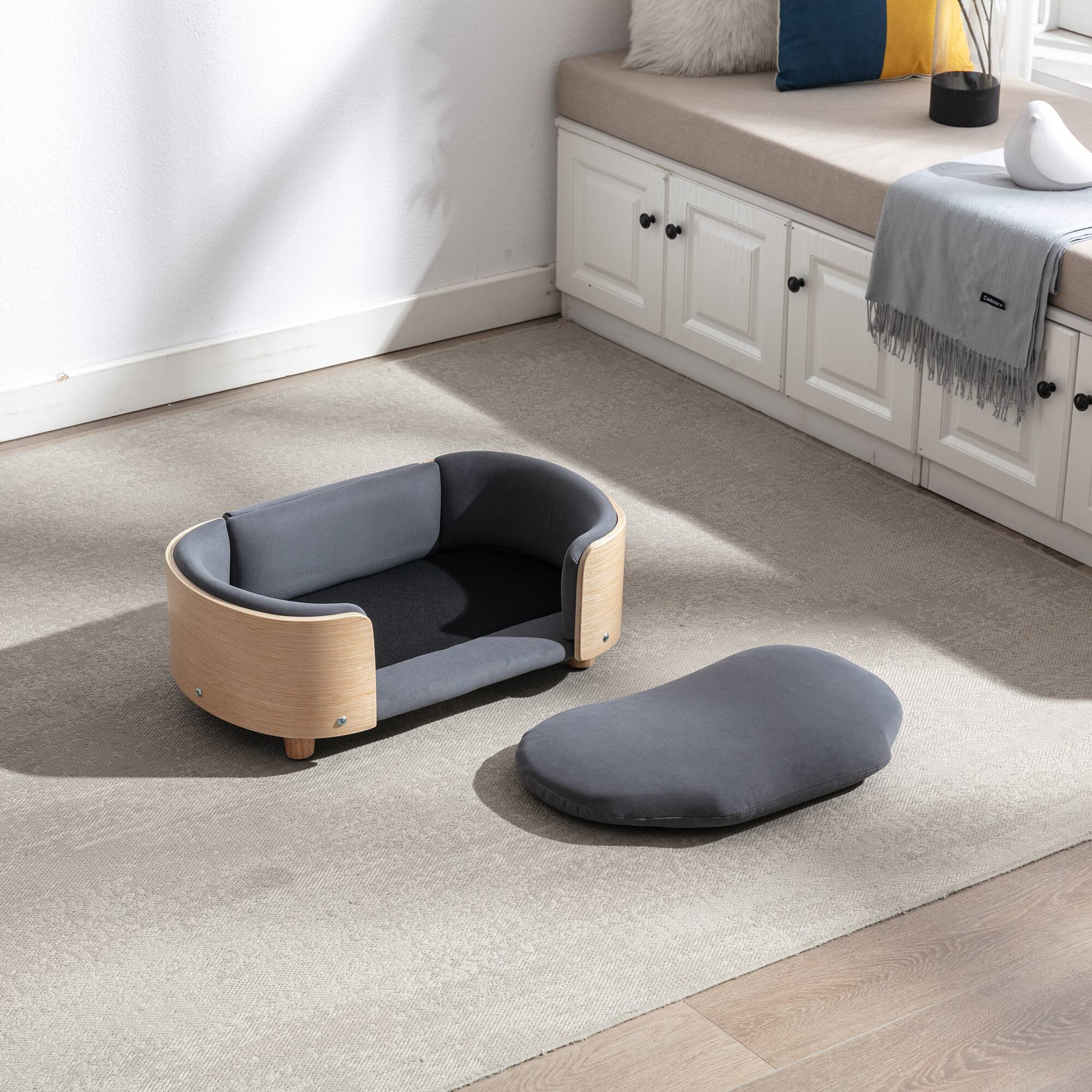 Angle. APRILSOUL - Scandinavian style Elevated Dog Bed Pet Sofa With Solid Wood legs and Bent Wood Back Velvet Cushion Small Size - DARK GREY.
