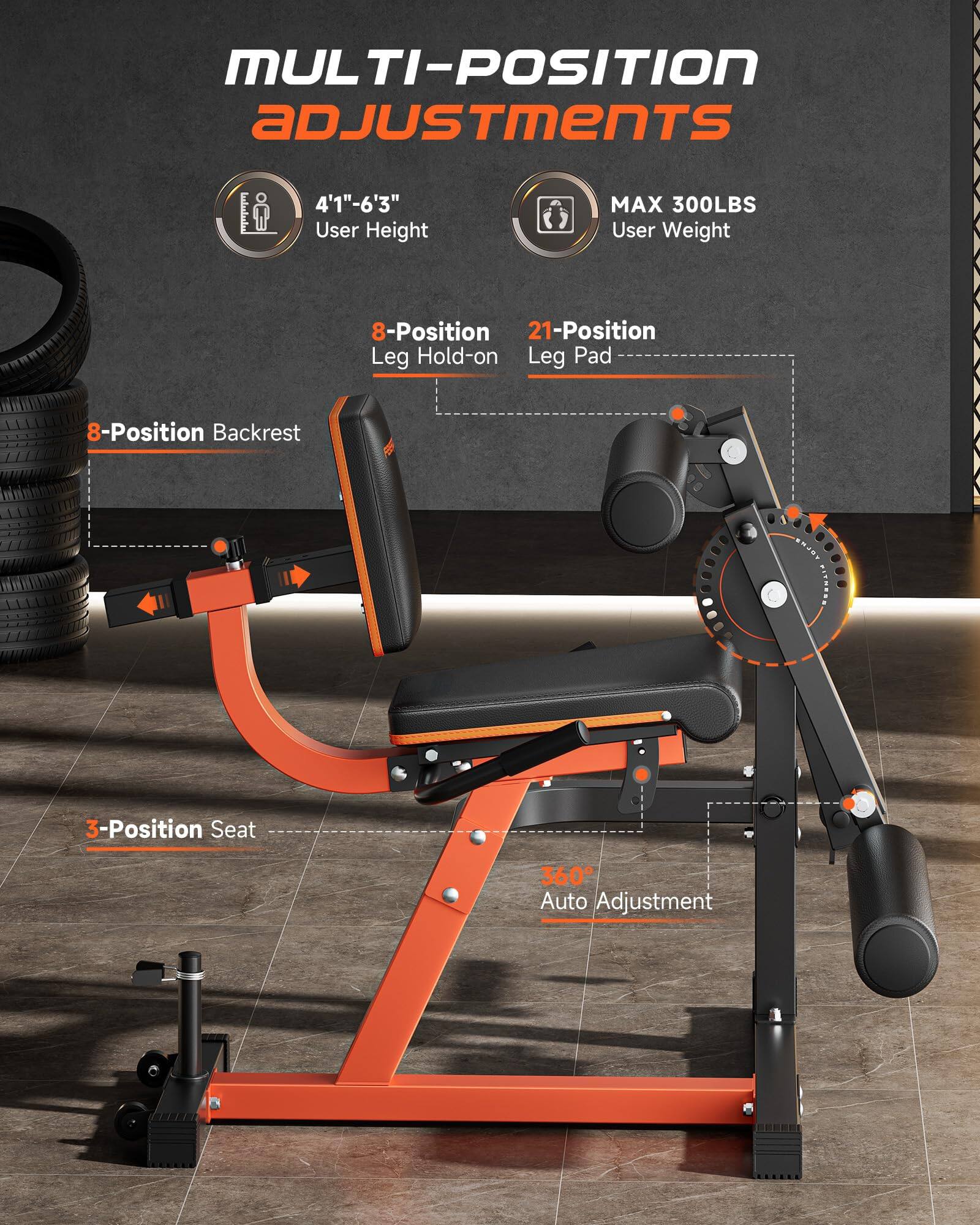 MULTI-POSITION ADJUSTMENTS

4'1" - 6'3" User Height

MAX 300LBS User Weight

8-Position Leg Hold-on

21-Position Leg Pad

8-Position Backrest

3-Position Seat

360° Auto Adjustment