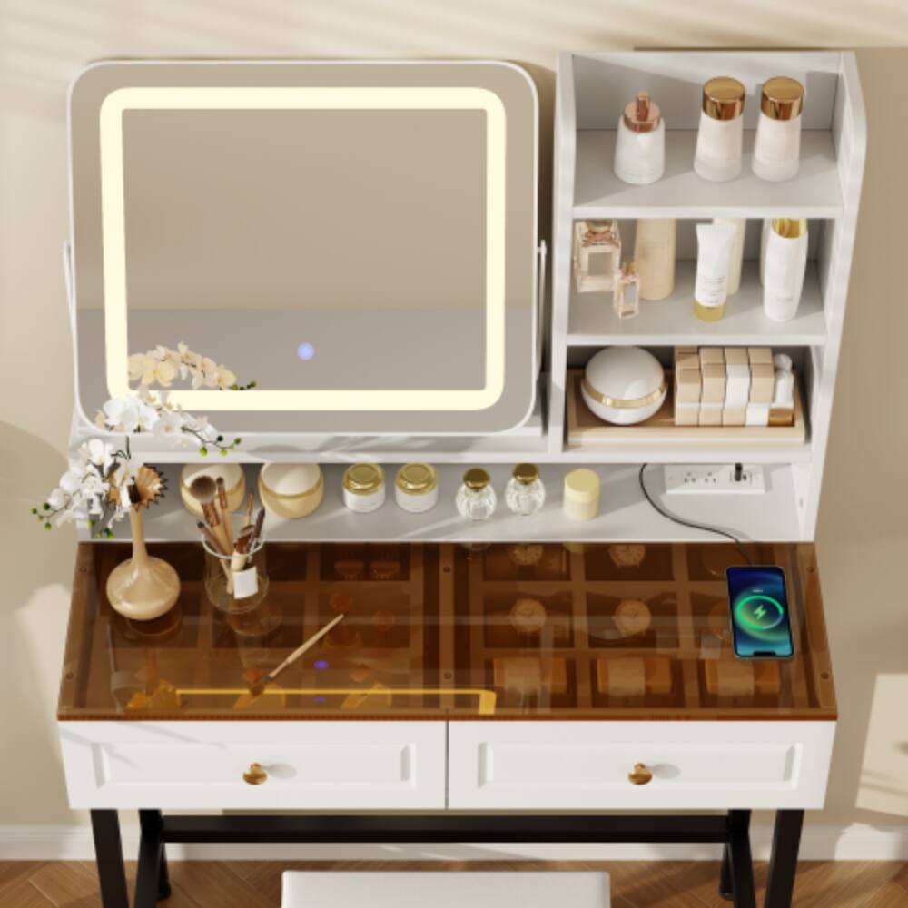 Back. LUCKY ONE - Makeup Vanity w/ 360° Rotatable LED Mirror Amber Glass Top 2 Drawers Stool - Black,White.